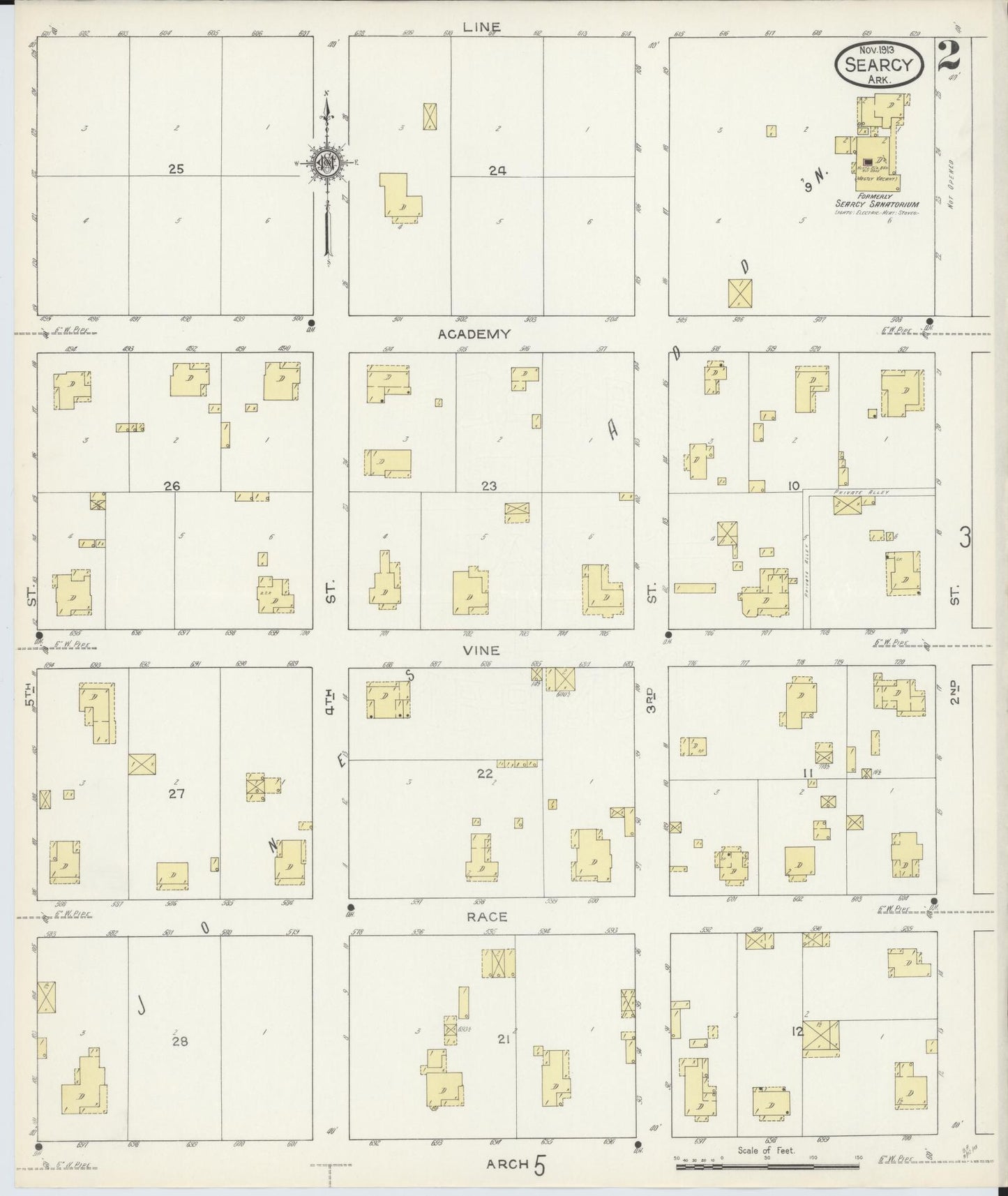 Sanborn Fire Insurance Map from Searcy, White County, Arkansas (1913), Sheet #0002 - Complete Map Set gallery image, historic Sanborn map, vintage wall art, Arkansas Arkansas