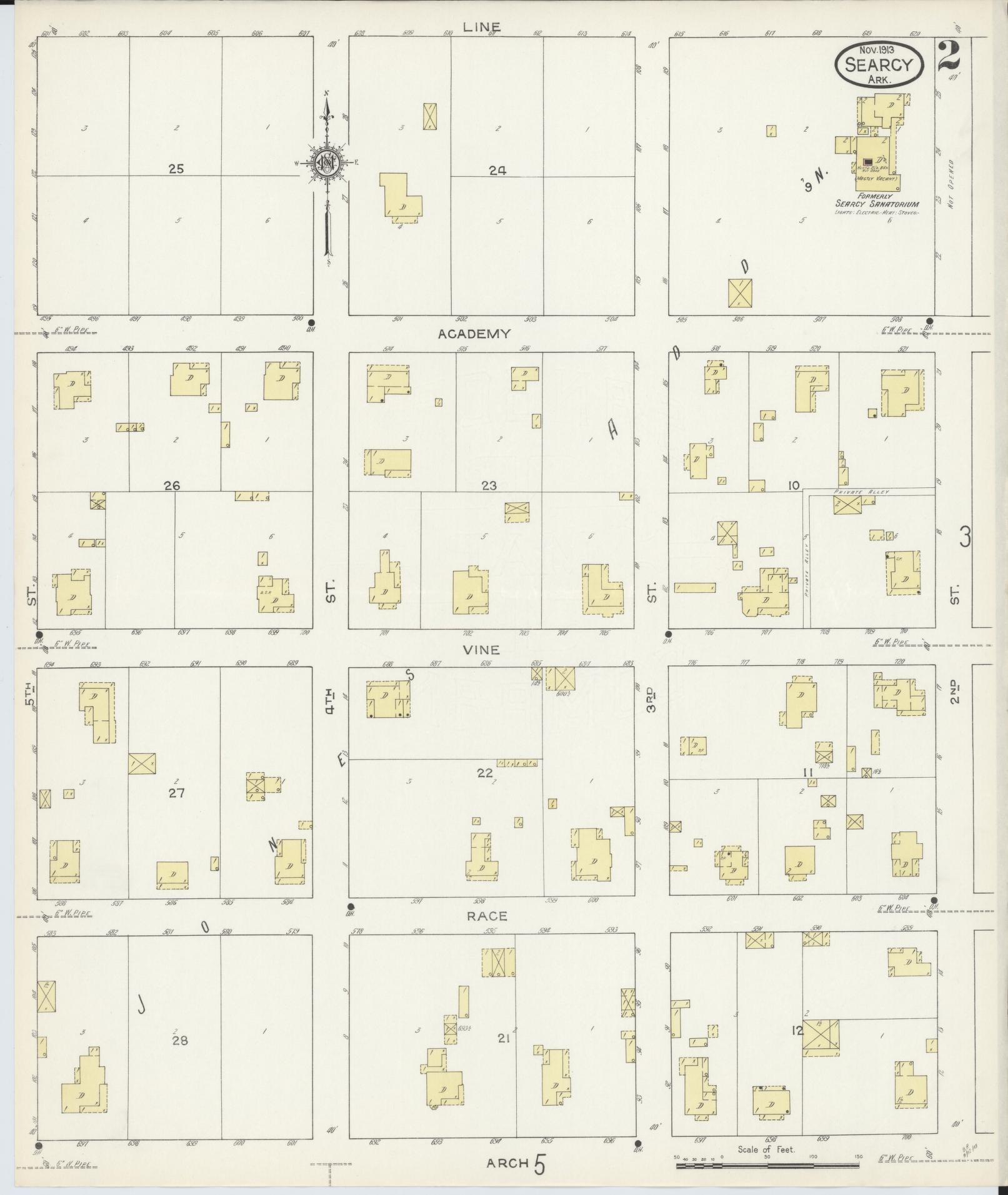 Sanborn Fire Insurance Map from Searcy, White County, Arkansas (1913), Sheet #0002 - Complete Map Set gallery image, historic Sanborn map, vintage wall art, Arkansas Arkansas