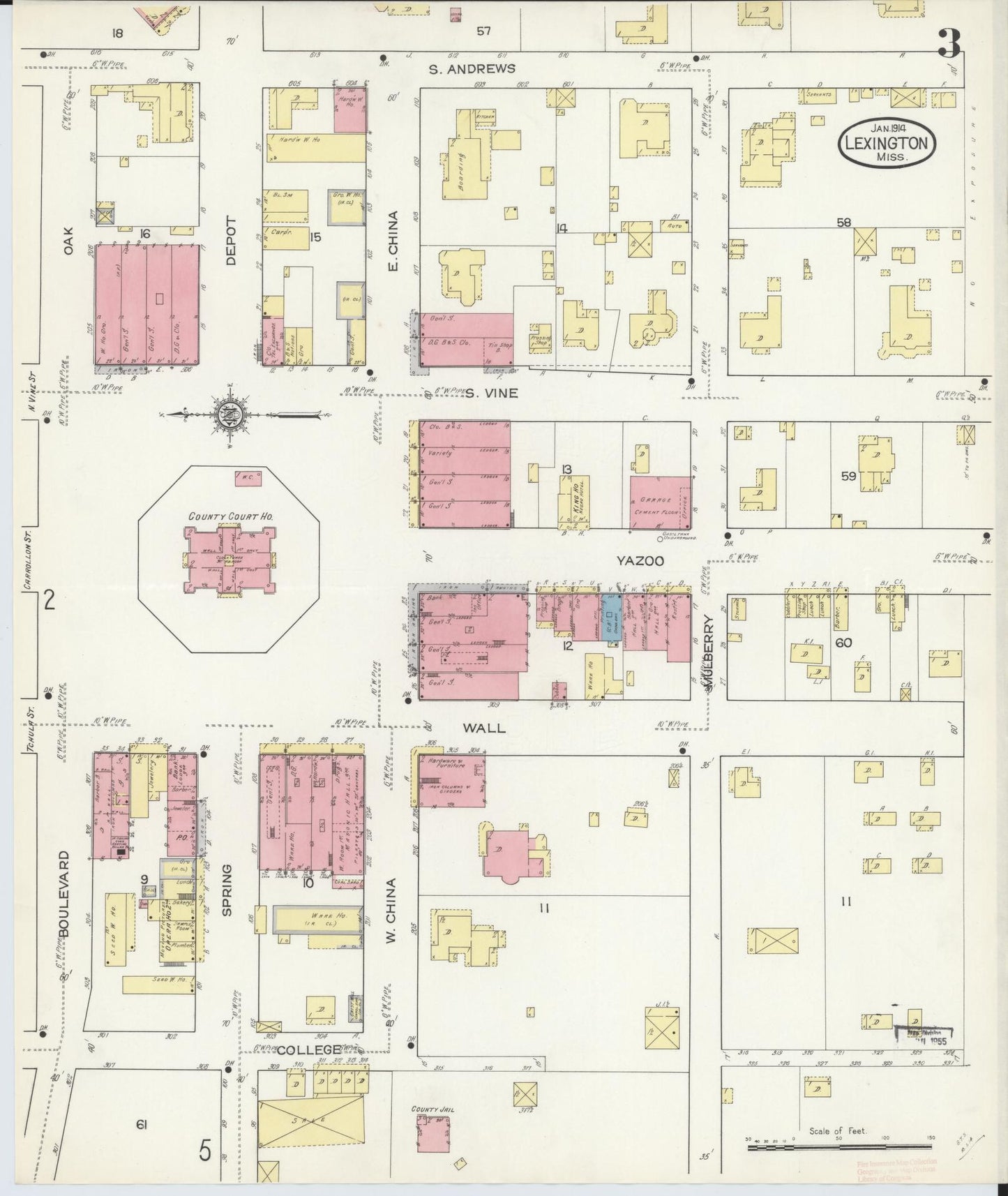 Sanborn Fire Insurance Map from Lexington, Holmes County, Mississippi (1914), Sheet #0003 - Complete Map Set gallery image, historic Sanborn map, vintage wall art, Mississippi Mississippi
