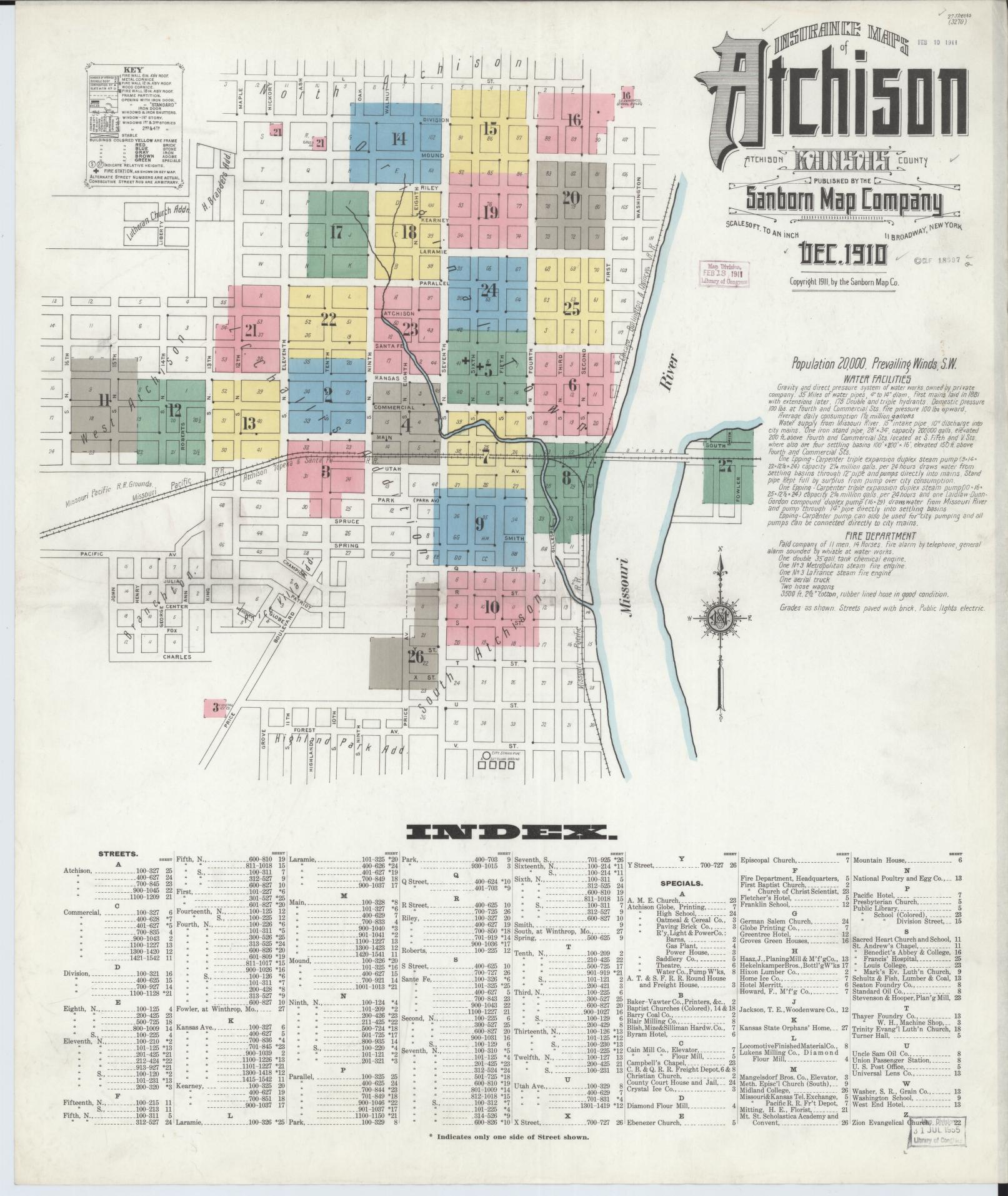 Sanborn Fire Insurance Map from Atchison, Atchison County, Kansas (1910), Sheet #0001 - Historic Sanborn Fire Insurance Map Print, vintage old map wall art, antique decor, genealogy gift, Kansas Kansas map
