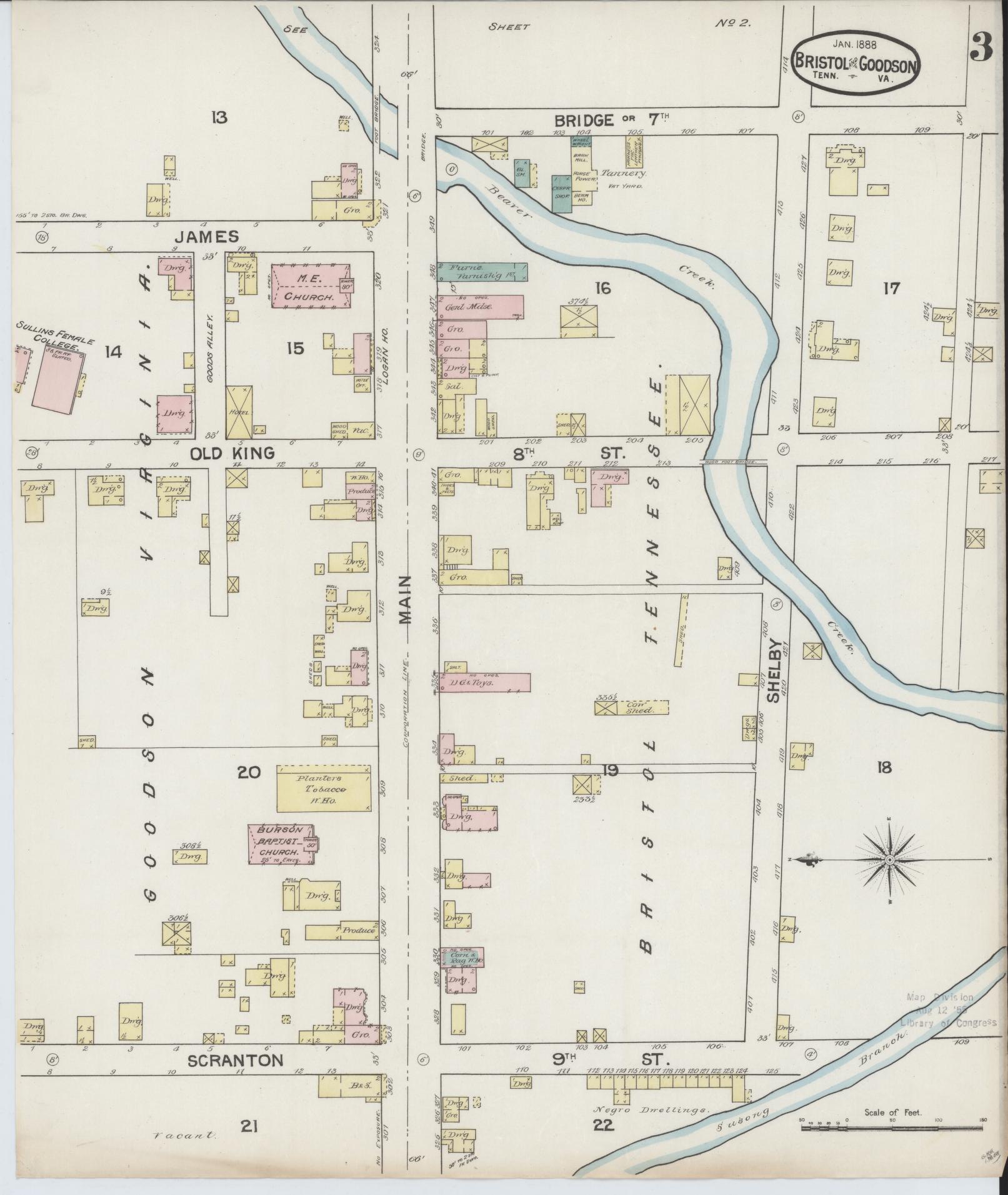 Sanborn Fire Insurance Map from Bristol, Sullivan County, Tennessee (1888), Sheet #0003 - Complete Map Set gallery image, historic Sanborn map, vintage wall art, Tennessee Tennessee