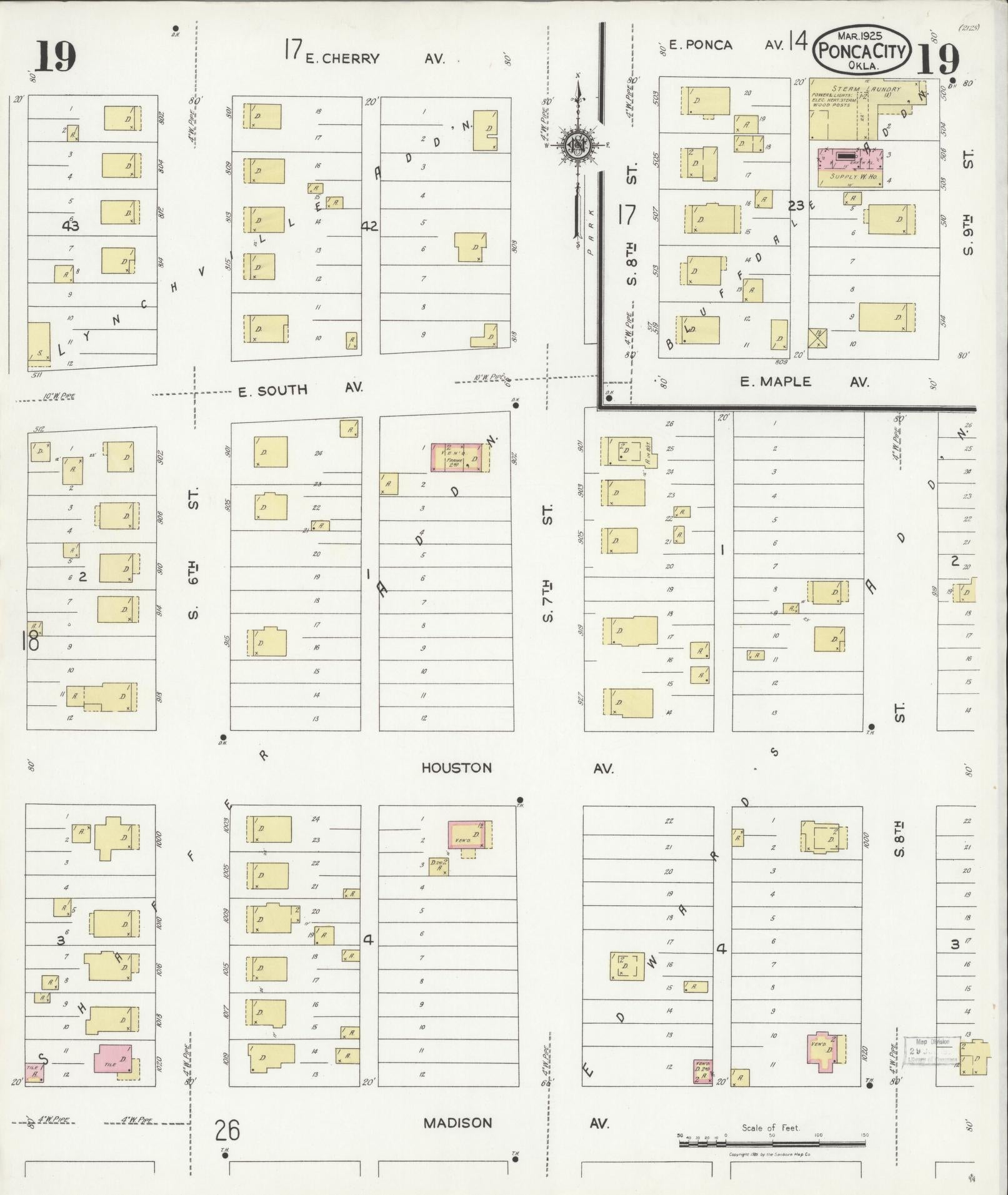 Sanborn Fire Insurance Map from Ponca City, Kay County, Oklahoma (1925), Sheet #0019 - Historic Sanborn Fire Insurance Map Print, vintage old map wall art, antique decor, genealogy gift, Oklahoma Oklahoma map