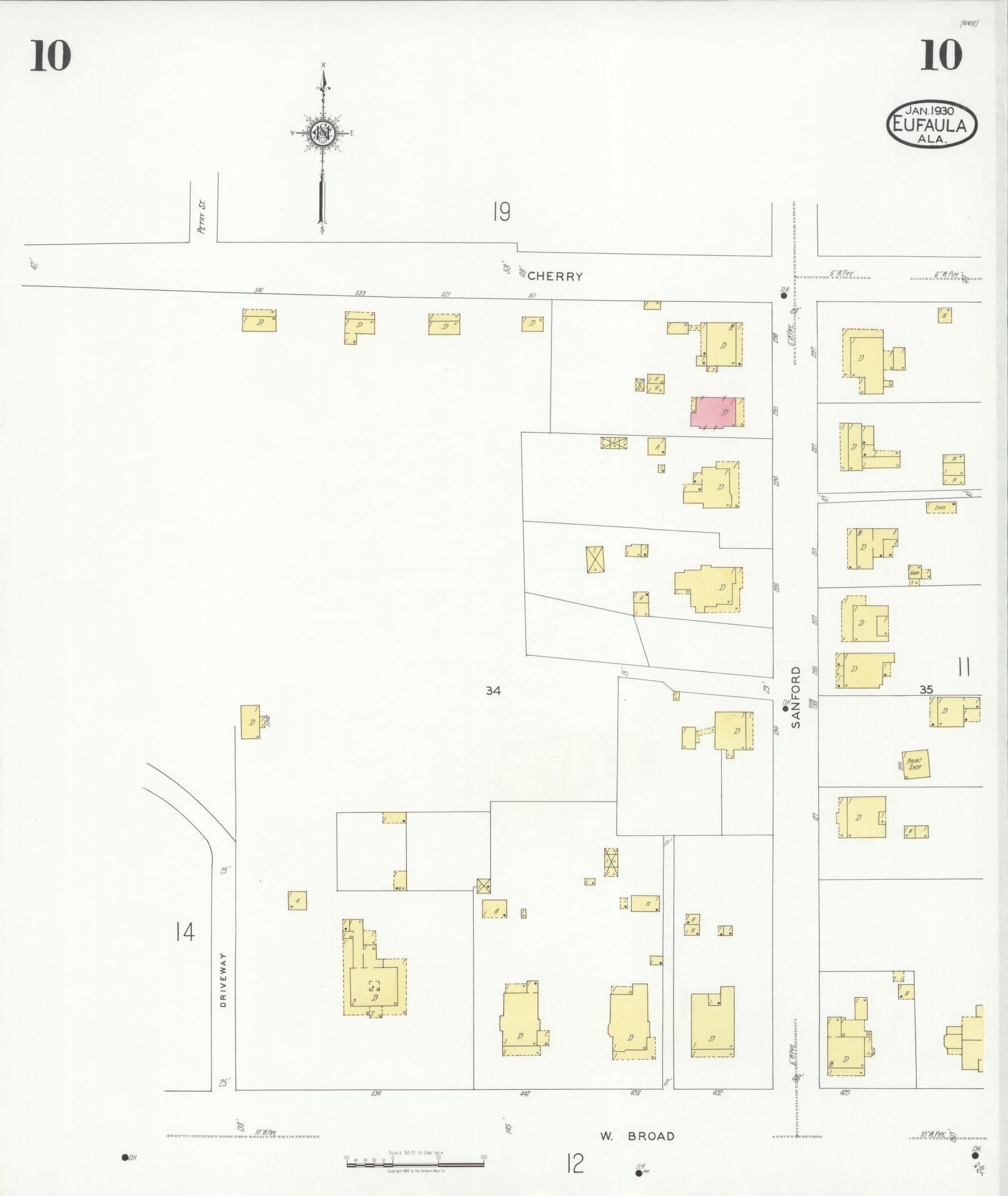 Sanborn Fire Insurance Map from Eufaula, Barbour County, Alabama (1930), Sheet #0010 - Historic Sanborn Fire Insurance Map Print, vintage old map wall art, antique decor, genealogy gift, Alabama Alabama map