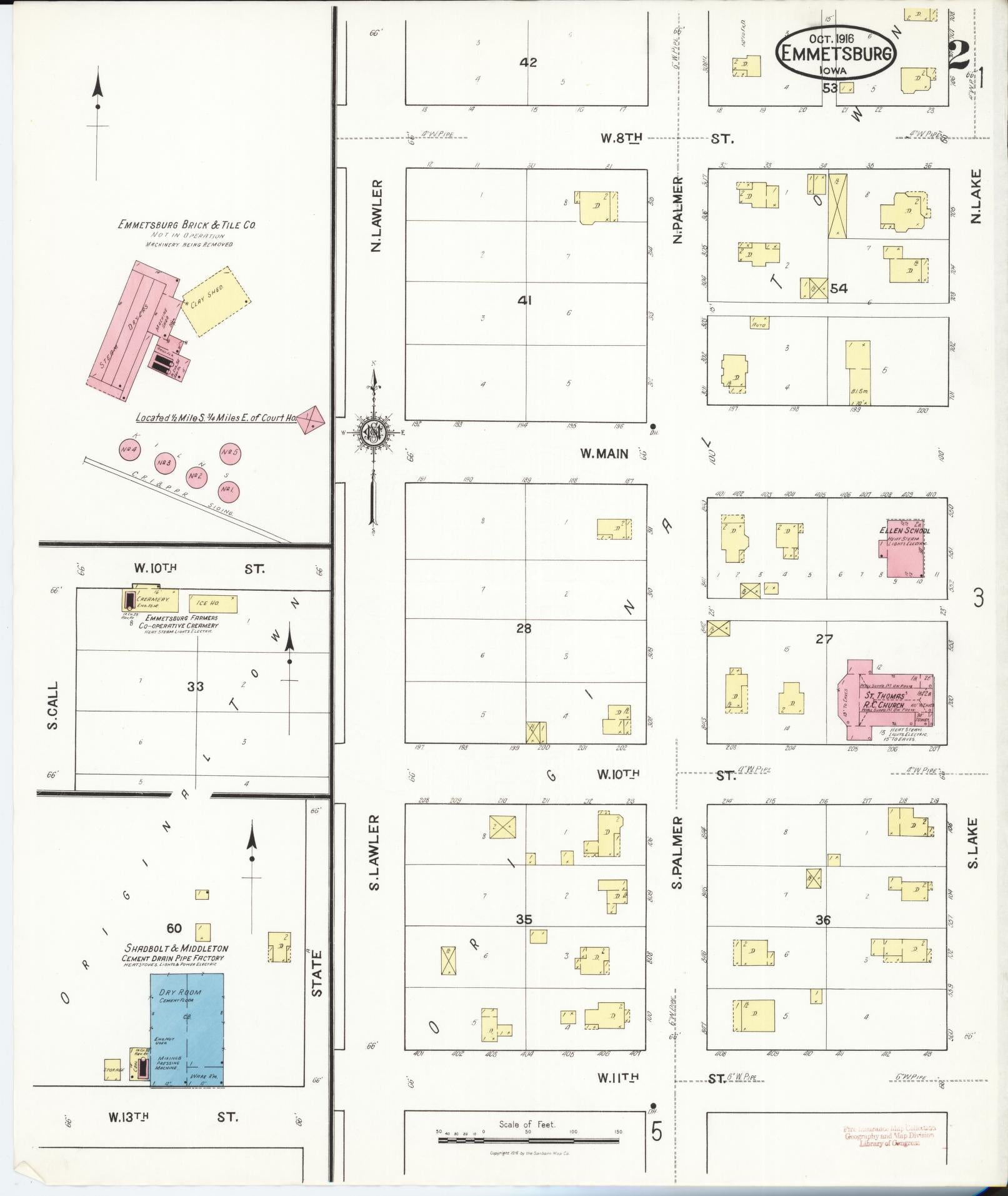 Sanborn Fire Insurance Map from Emmetsburg, Palo Alto County, Iowa (1916), Sheet #0002 - Historic Sanborn Fire Insurance Map Print, vintage old map wall art