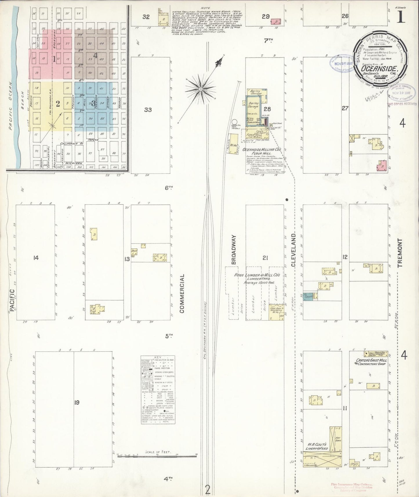 Sanborn Fire Insurance Map from Oceanside, San Diego County, California (1897), Sheet #0001 - Complete Map Set gallery image, historic Sanborn map, vintage wall art, California California