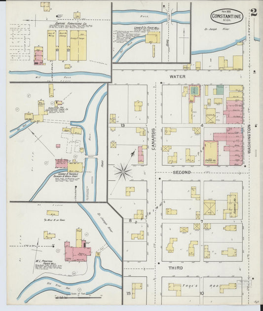 Sanborn Fire Insurance Map from Constantine, Saint Joseph County, Michigan (1892), Sheet #0002 - Historic Sanborn Fire Insurance Map Print, vintage old map wall art, antique decor, genealogy gift, Michigan Michigan map