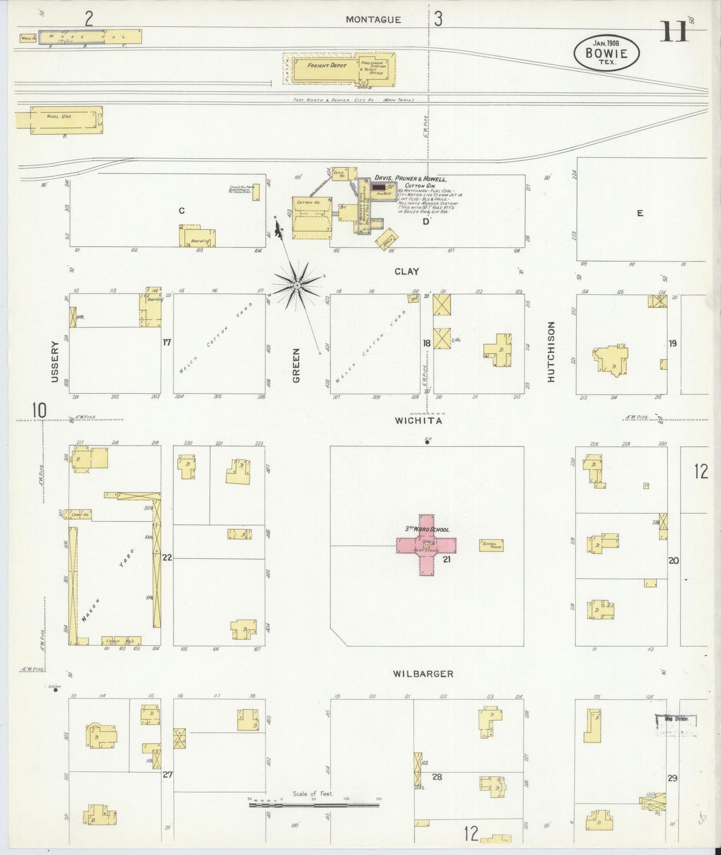 Sanborn Fire Insurance Map from Bowie, Montague County, Texas (1908), Sheet #0011 - Historic Sanborn Fire Insurance Map Print, vintage old map wall art, antique decor, genealogy gift, Texas Texas map