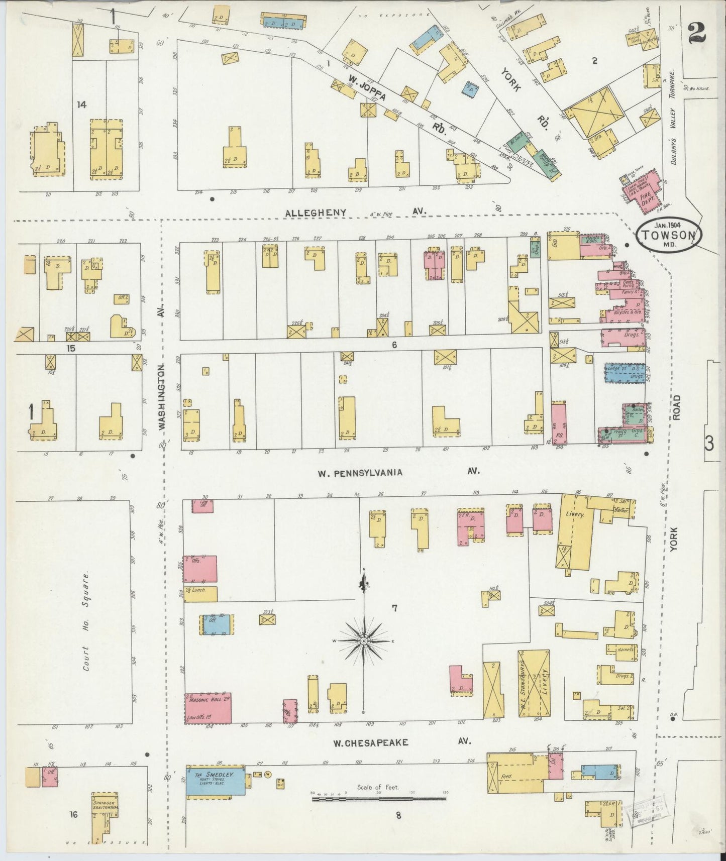 Sanborn Fire Insurance Map from Towson, Baltimore County, Maryland (1904), Sheet #0002 - Complete Map Set gallery image, historic Sanborn map, vintage wall art, Maryland Maryland
