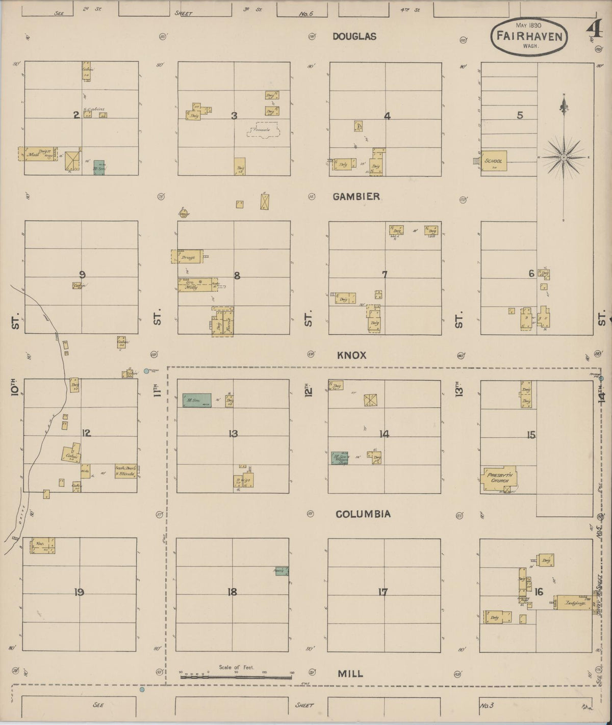 Sanborn Fire Insurance Map from Fairhaven [see also Bellingham and Sehome], Whatcom County, Washington (1890), Sheet #0004 - Historic Sanborn Fire Insurance Map Print, vintage old map wall art, antique decor, genealogy gift, Washington Washington map