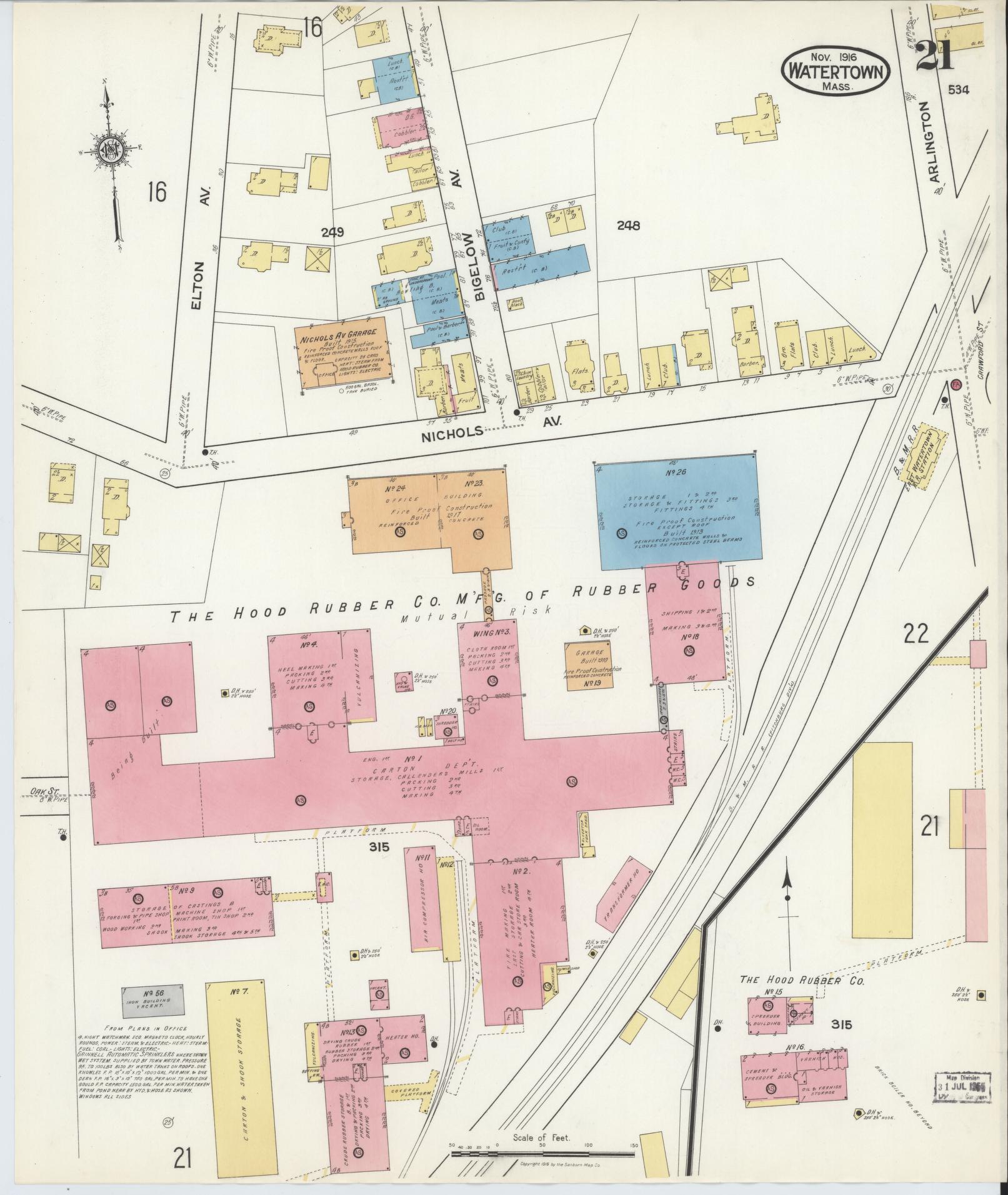 Sanborn Fire Insurance Map from Watertown, Middlesex County, Massachusetts (1916), Sheet #0021 - Complete Map Set gallery image, historic Sanborn map, vintage wall art, Massachusetts Massachusetts