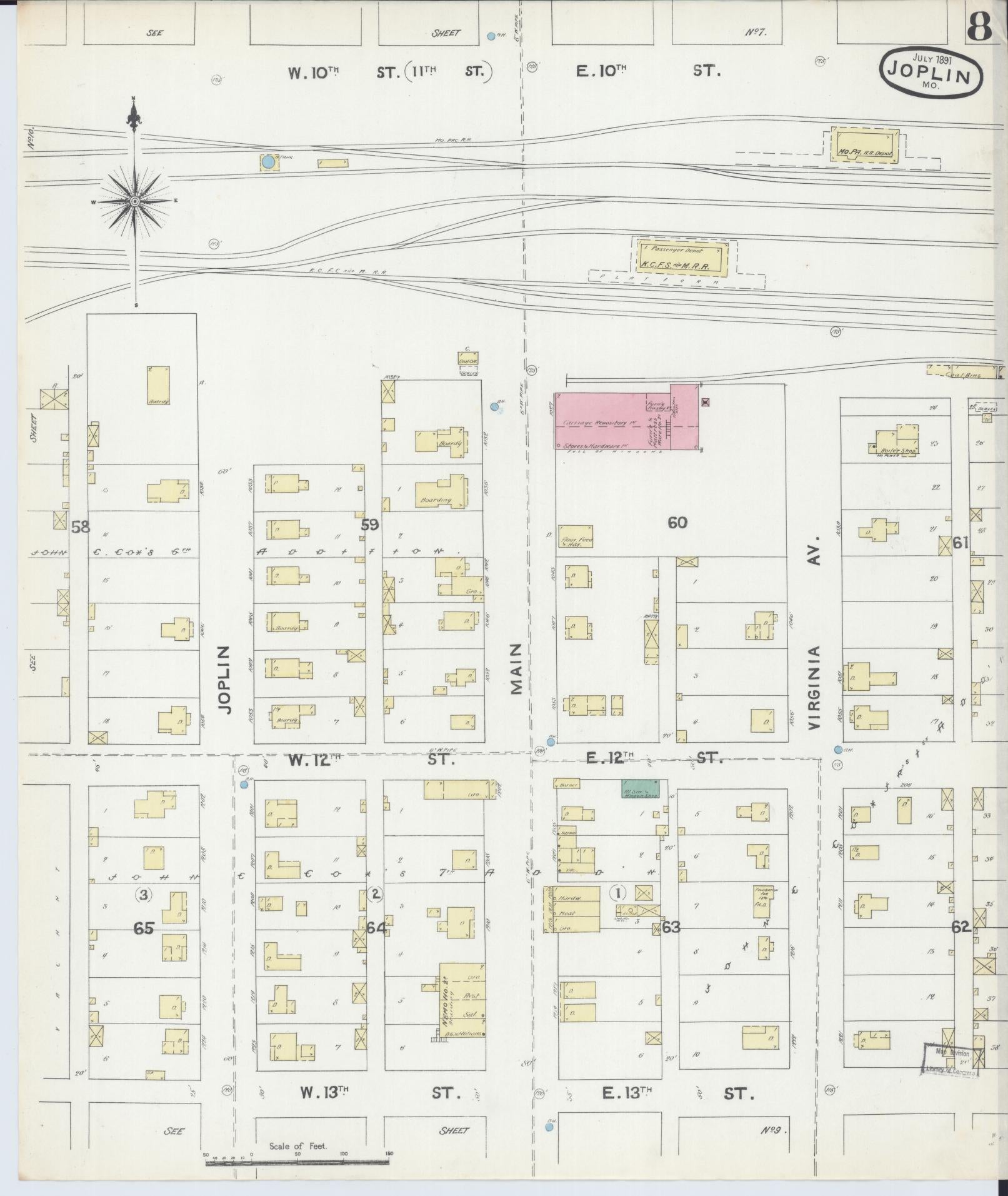 Sanborn Fire Insurance Map from Joplin, Jasper County, Missouri (1891), Sheet #0008 - Historic Sanborn Fire Insurance Map Print, vintage old map wall art, antique decor, genealogy gift, Missouri Missouri map
