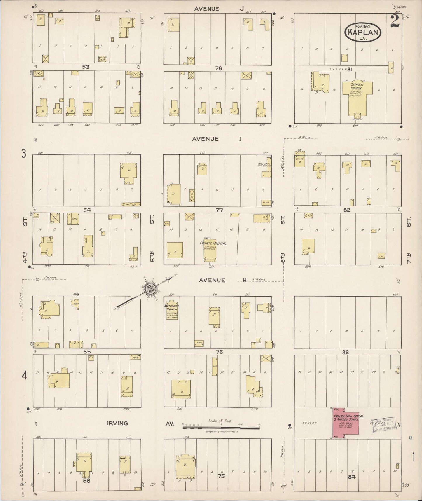 Sanborn Fire Insurance Map from Kaplan, Vermilion Parish, Louisiana (1921), Sheet #0002 - Complete Map Set gallery image, historic Sanborn map, vintage wall art, Louisiana Louisiana
