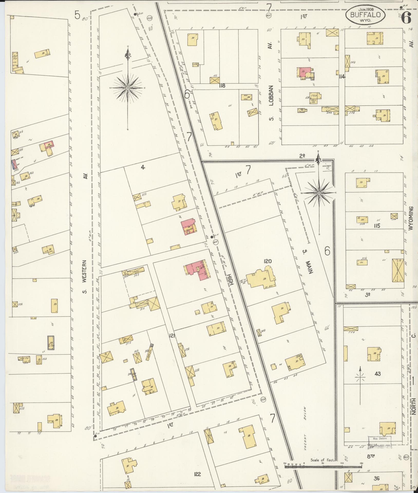 Sanborn Fire Insurance Map from Buffalo, Johnson County, Wyoming (1908), Sheet #0006 - Complete Map Set gallery image, historic Sanborn map, vintage wall art, Wyoming Wyoming