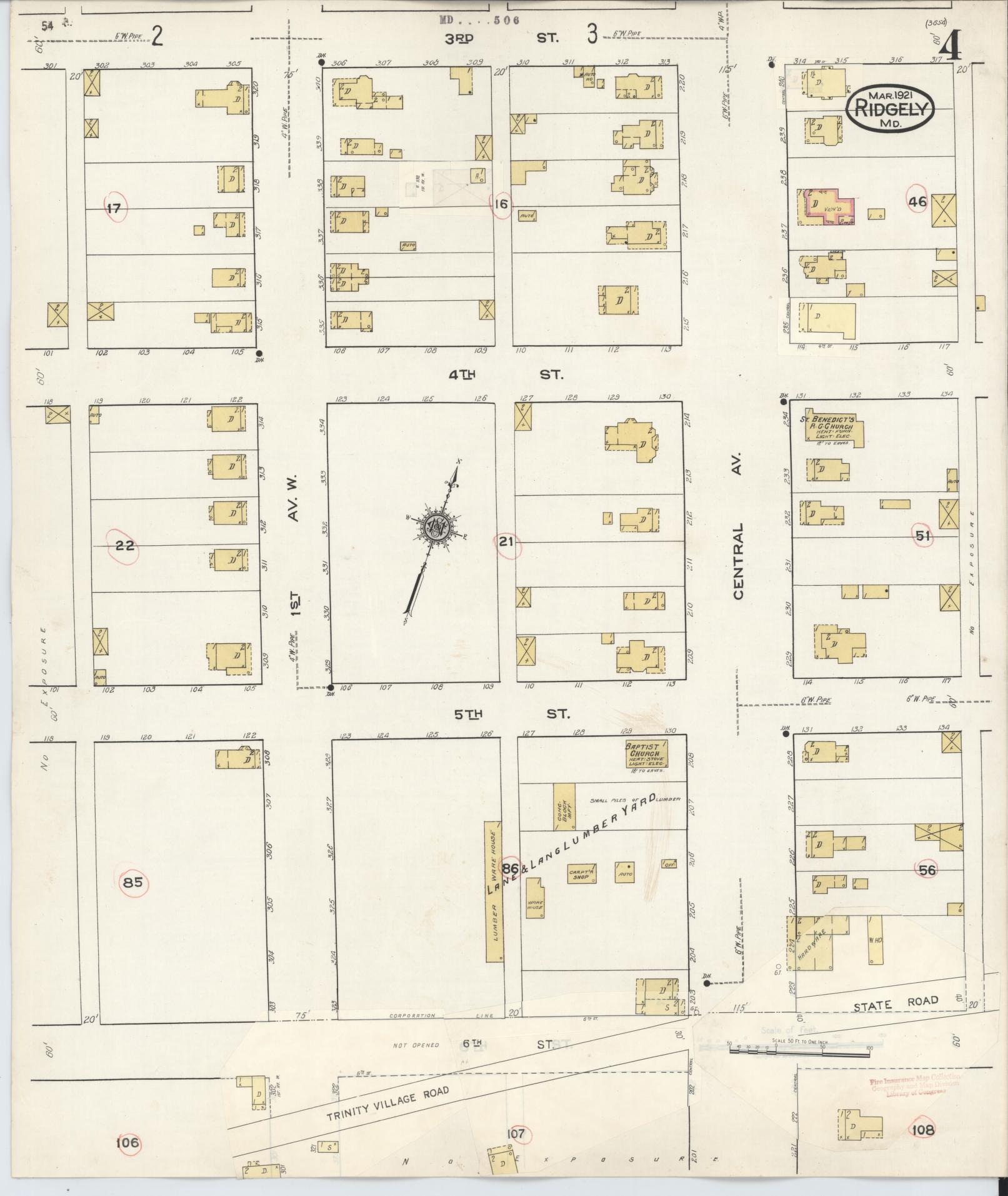 Sanborn Fire Insurance Map from Ridgely, Caroline County, Maryland (1934), Sheet #0004 - Historic Sanborn Fire Insurance Map Print, vintage old map wall art