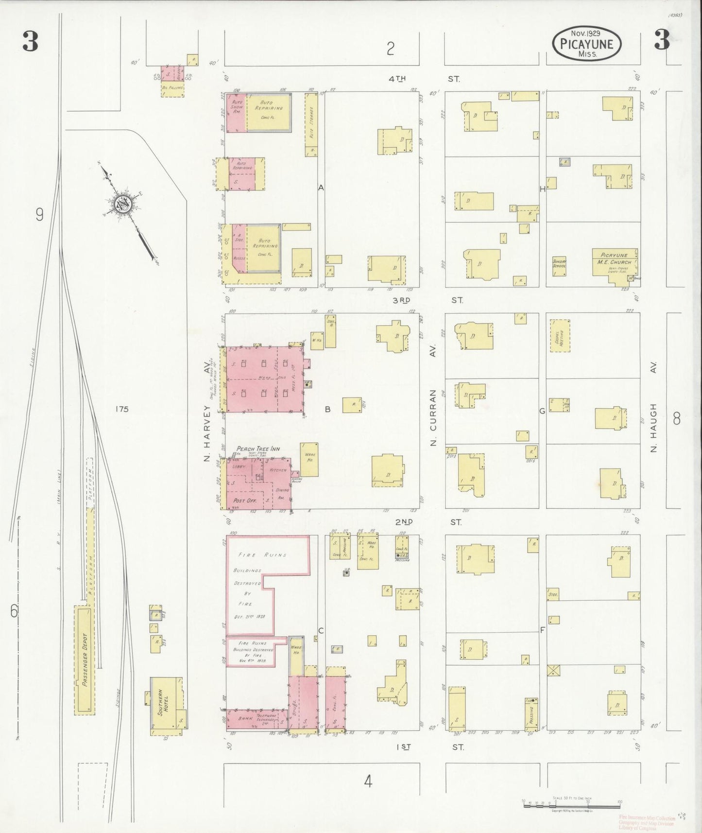 Sanborn Fire Insurance Map from Picayune, Pearl River County, Mississippi (1929), Sheet #0003 - Historic Sanborn Fire Insurance Map Print, vintage old map wall art, antique decor, genealogy gift, Mississippi Mississippi map