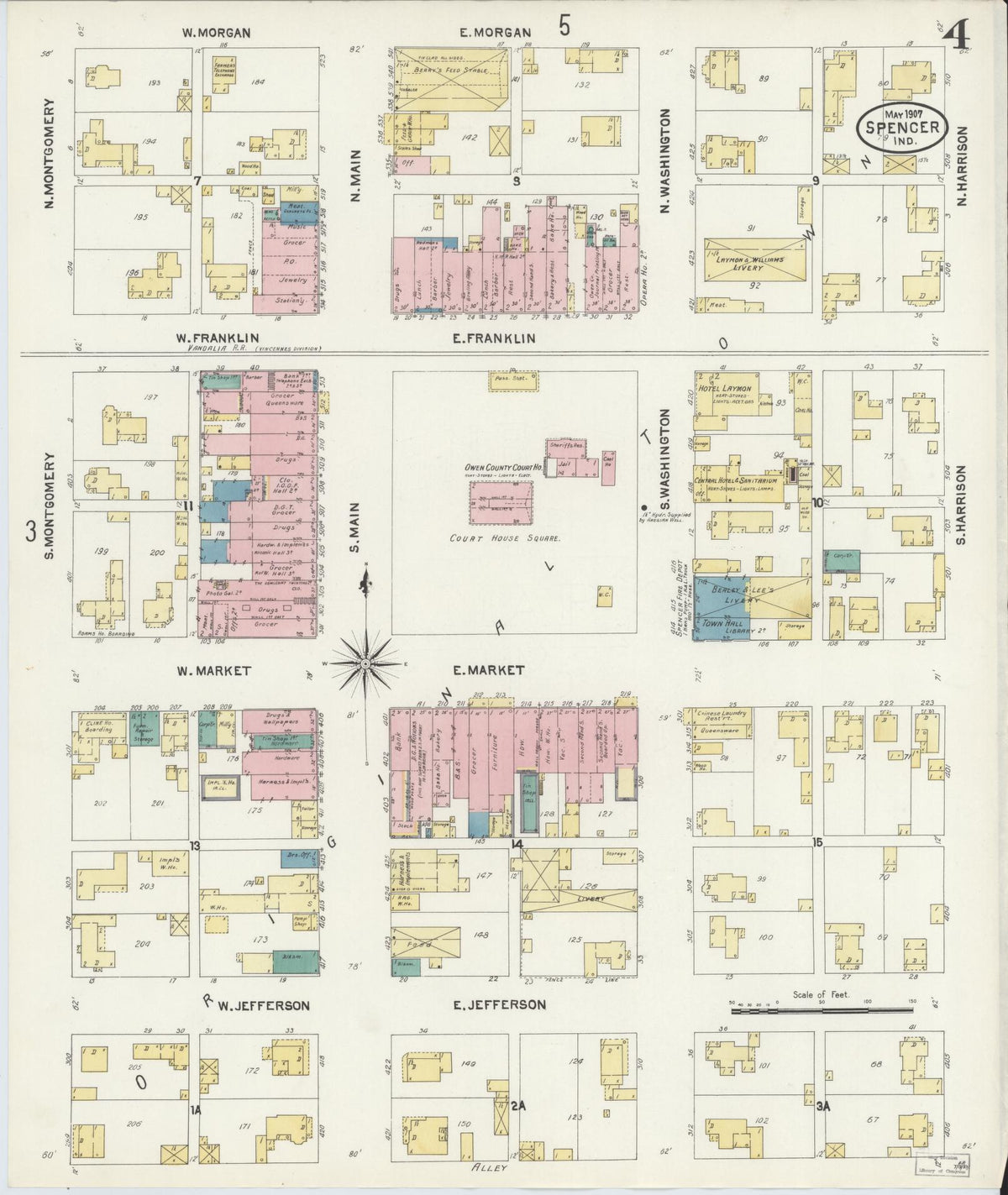 Sanborn Fire Insurance Map from Spencer, Owen County, Indiana (1907), Sheet #0004 - Historic Sanborn Fire Insurance Map Print, vintage old map wall art, antique decor, genealogy gift, Indiana Indiana map