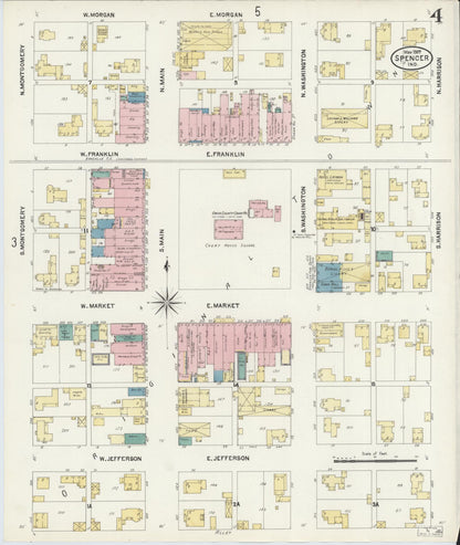 Sanborn Fire Insurance Map from Spencer, Owen County, Indiana (1907), Sheet #0004 - Historic Sanborn Fire Insurance Map Print, vintage old map wall art, antique decor, genealogy gift, Indiana Indiana map