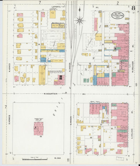 Sanborn Fire Insurance Map from Fort Collins, Larimer County, Colorado (1906), Sheet #0008 - Historic Sanborn Fire Insurance Map Print, vintage old map wall art, antique decor, genealogy gift, Colorado Colorado map
