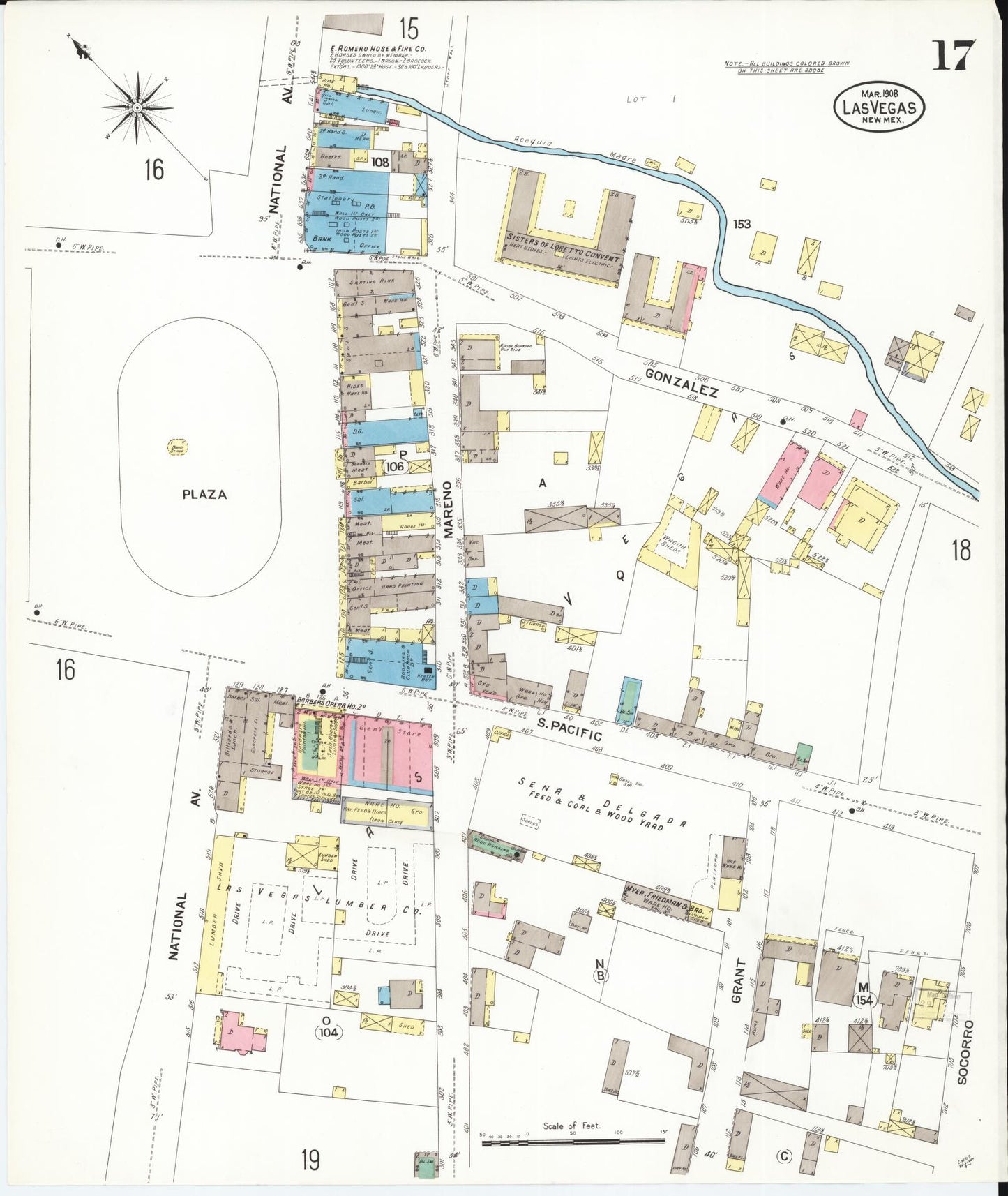 Sanborn Fire Insurance Map from Las Vegas, San Miguel County, New Mexico (1908), Sheet #0017 - Complete Map Set gallery image, historic Sanborn map, vintage wall art, New Mexico New Mexico