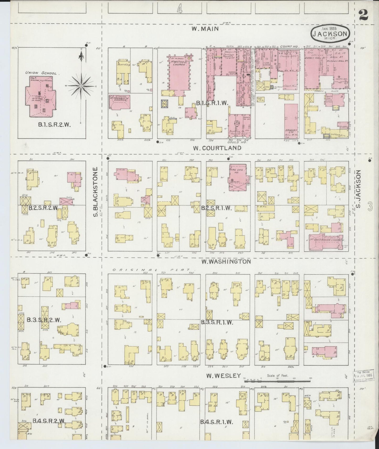 Sanborn Fire Insurance Map from Jackson, Jackson County, Michigan (1893), Sheet #0002 - Historic Sanborn Fire Insurance Map Print, vintage old map wall art, antique decor, genealogy gift, Michigan Michigan map
