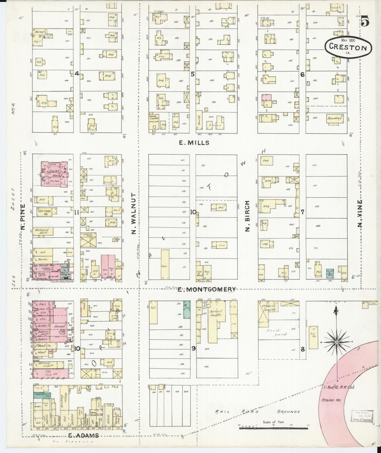 Sanborn Fire Insurance Map from Creston, Union County, Iowa (1891), Sheet #0005 - Historic Sanborn Fire Insurance Map Print, vintage old map wall art