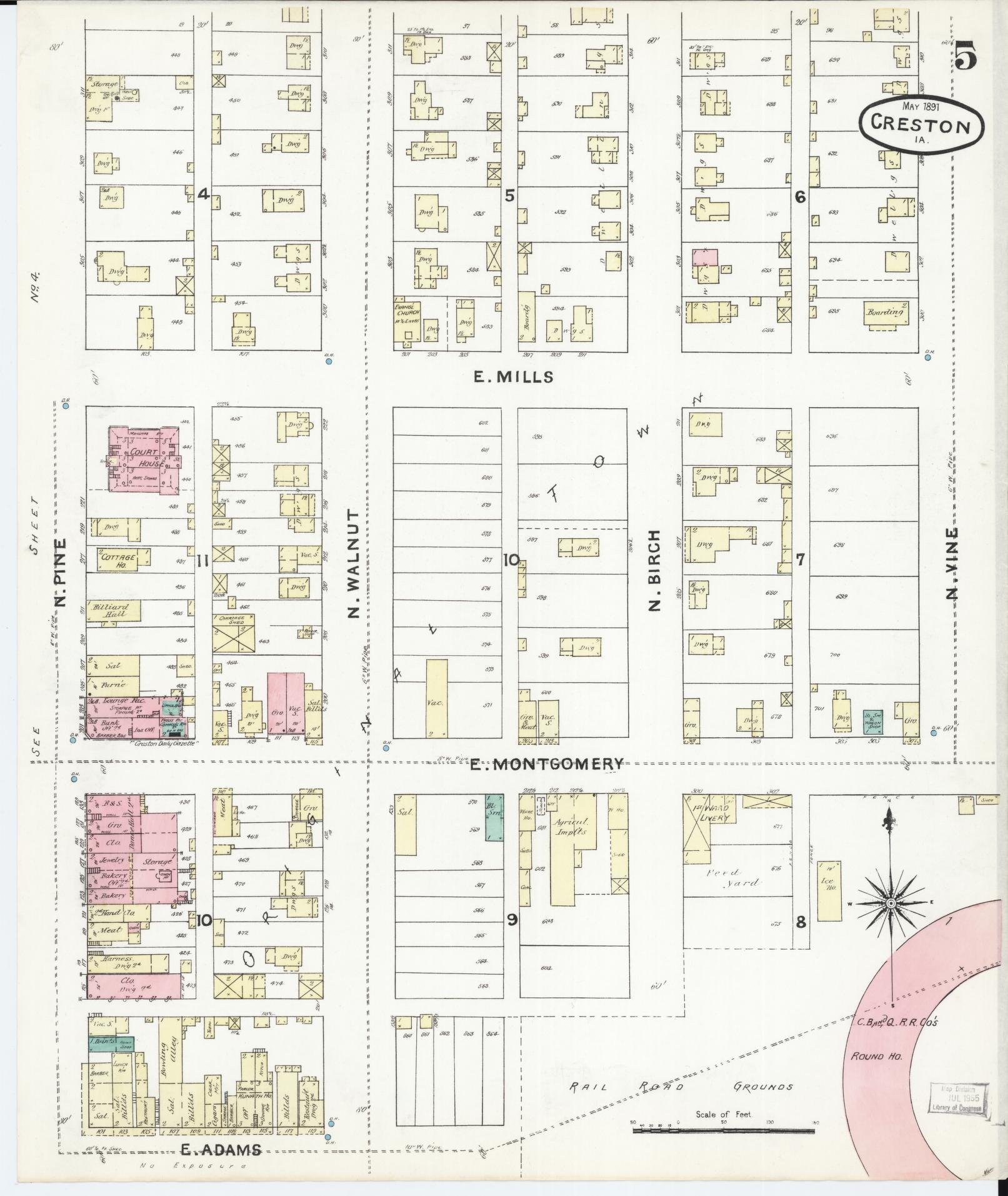 Sanborn Fire Insurance Map from Creston, Union County, Iowa (1891), Sheet #0005 - Historic Sanborn Fire Insurance Map Print, vintage old map wall art