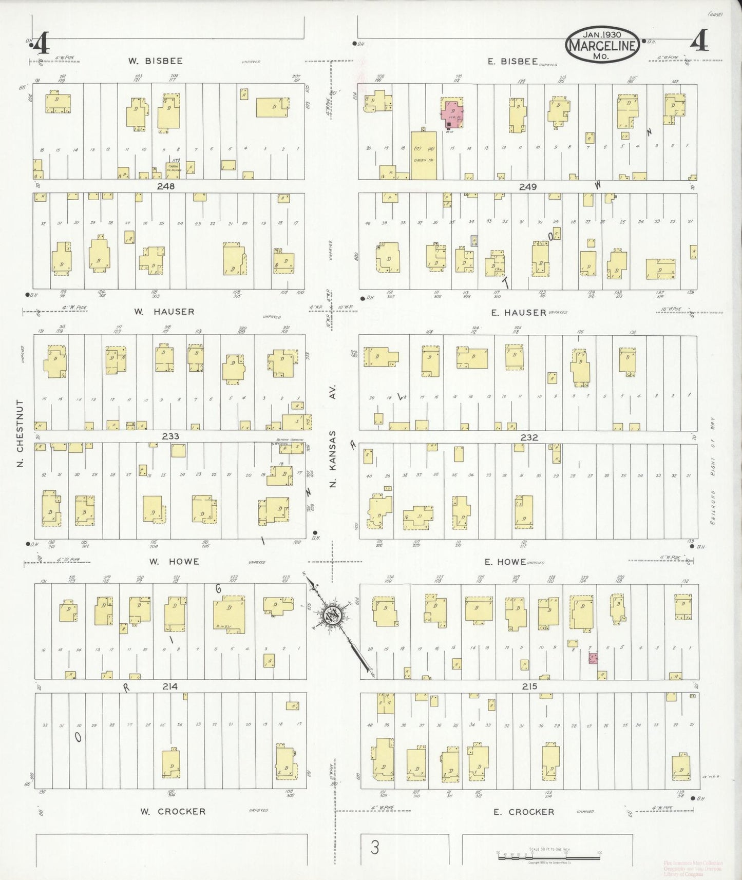 Sanborn Fire Insurance Map from Marceline, Linn County, Missouri (1930), Sheet #0004 - Historic Sanborn Fire Insurance Map Print, vintage old map wall art, antique decor, genealogy gift, Missouri Missouri map