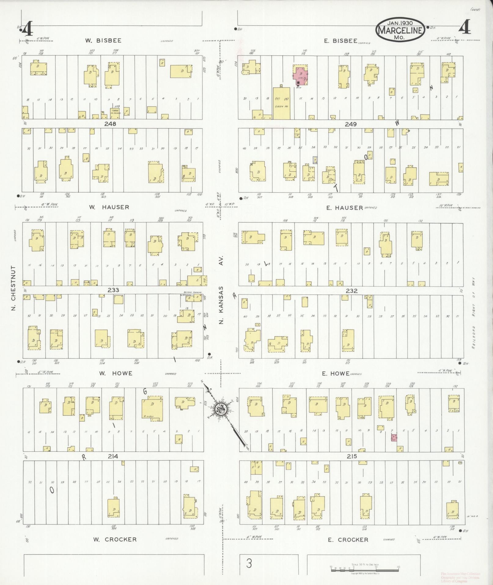 Sanborn Fire Insurance Map from Marceline, Linn County, Missouri (1930), Sheet #0004 - Historic Sanborn Fire Insurance Map Print, vintage old map wall art, antique decor, genealogy gift, Missouri Missouri map