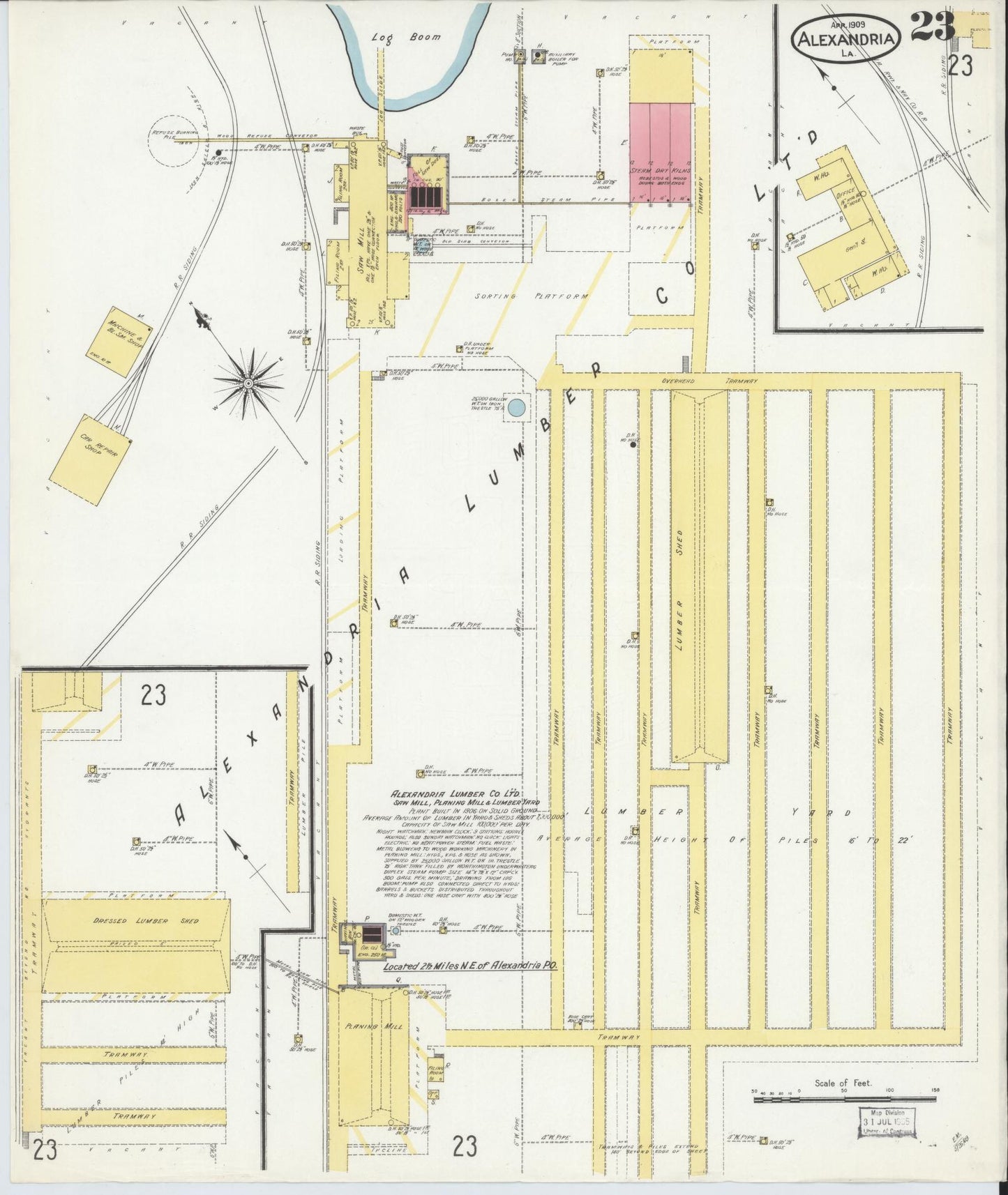 Sanborn Fire Insurance Map from Alexandria, Rapides Parish, Louisiana (1909), Sheet #0023 - Historic Sanborn Fire Insurance Map Print, vintage old map wall art, antique decor, genealogy gift, Louisiana Louisiana map