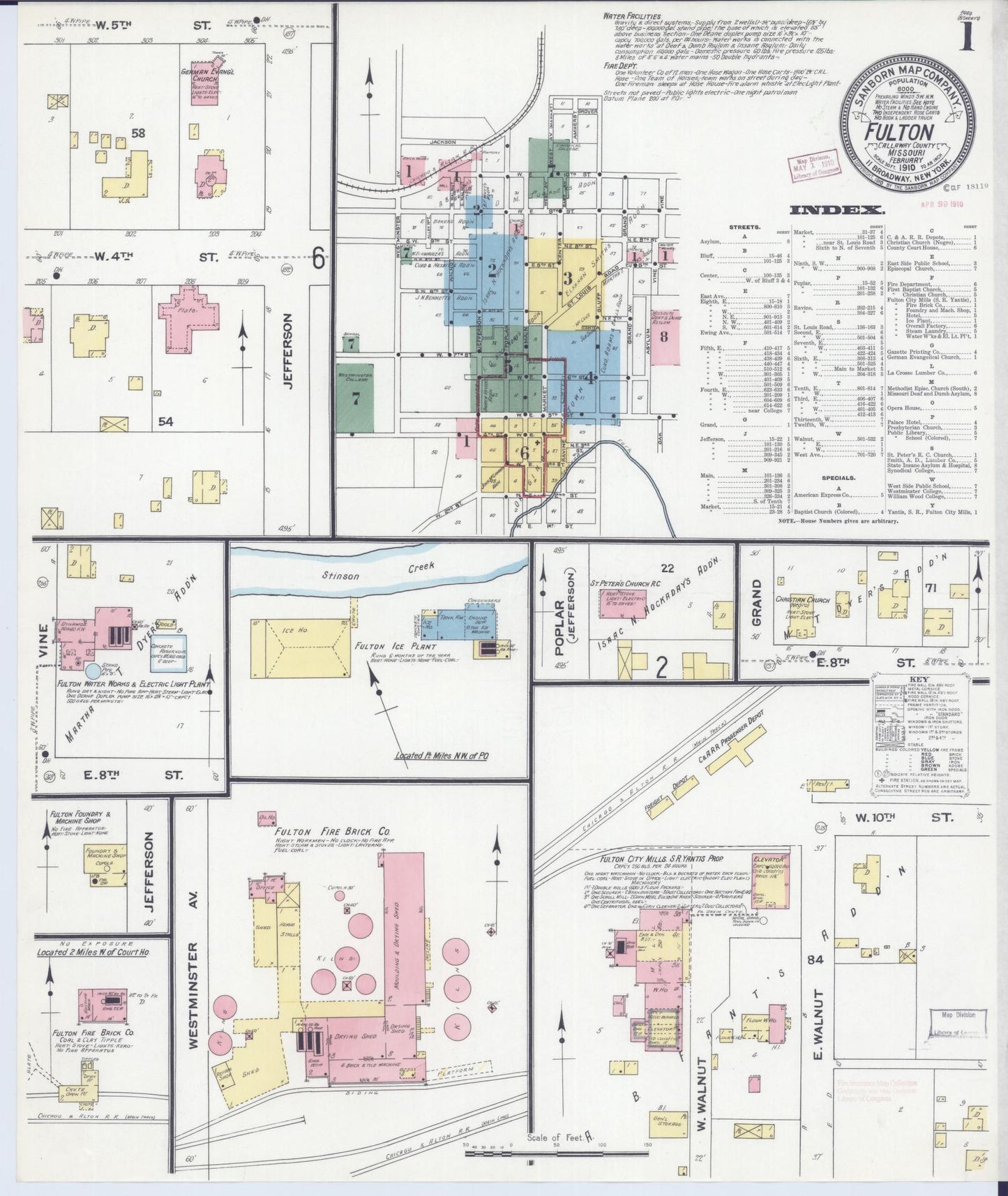 Sanborn Fire Insurance Map from Fulton, Callaway County, Missouri (1910), Sheet #0001 - Complete Map Set gallery image, historic Sanborn map, vintage wall art, Missouri Missouri
