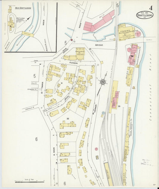 Sanborn Fire Insurance Map from Brattleboro, Windham County, Vermont (1912), Sheet #0004 - Historic Sanborn Fire Insurance Map Print, vintage old map wall art, antique decor, genealogy gift, Vermont Vermont map
