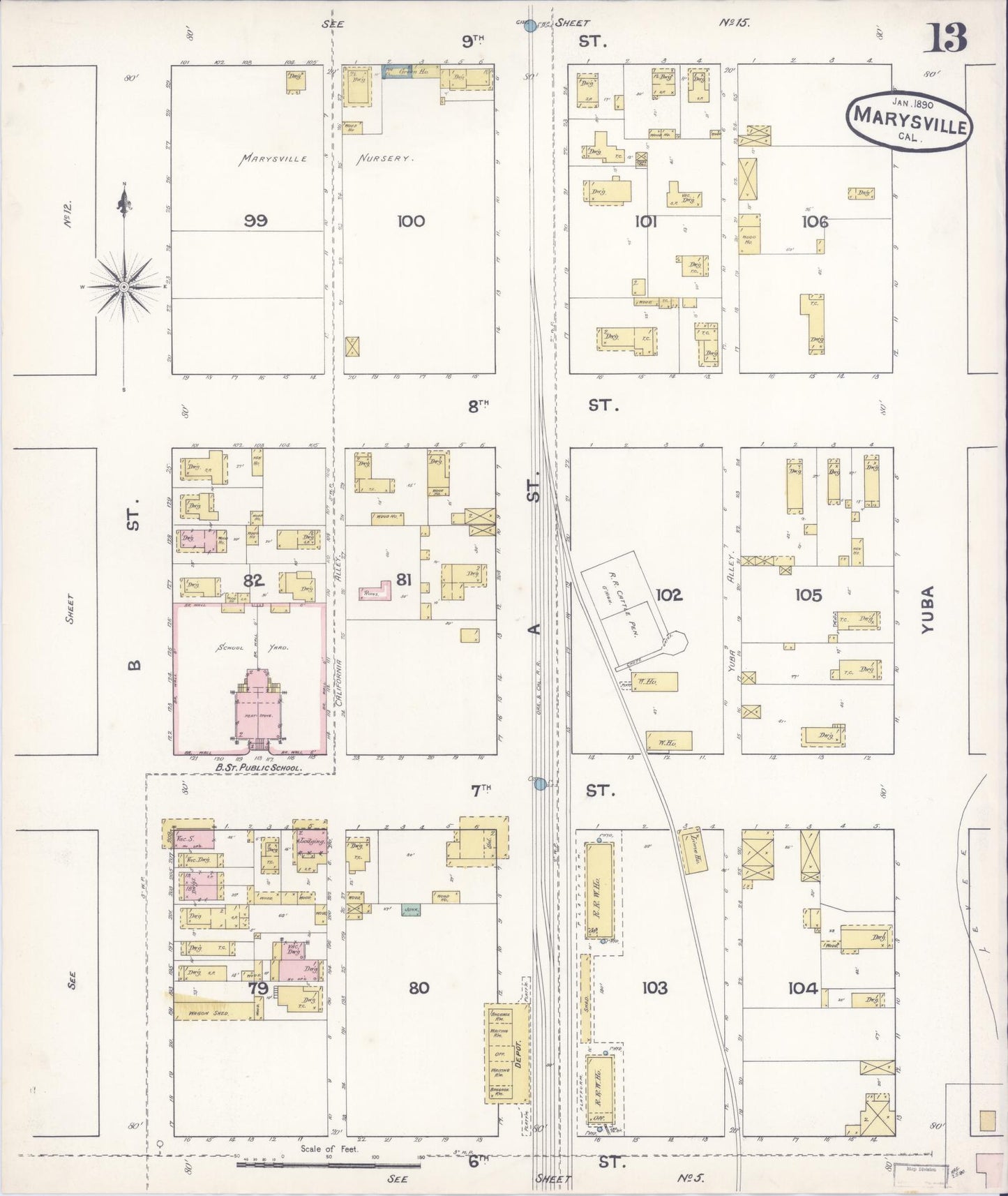 Sanborn Fire Insurance Map from Marysville, Yuba County, California (1890), Sheet #0013 - Historic Sanborn Fire Insurance Map Print, vintage old map wall art, antique decor, genealogy gift, California California map