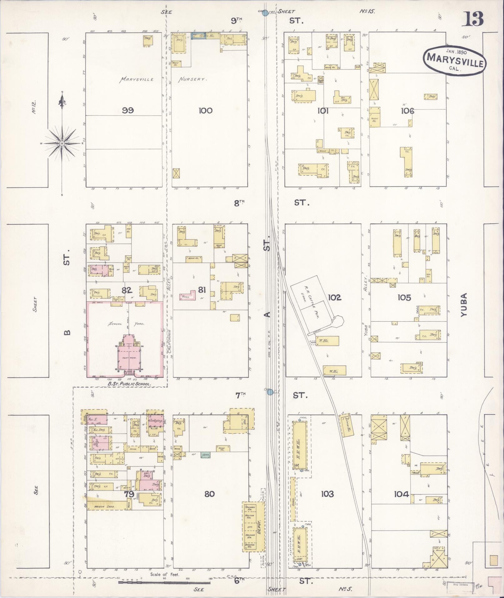 Sanborn Fire Insurance Map from Marysville, Yuba County, California (1890), Sheet #0013 - Historic Sanborn Fire Insurance Map Print, vintage old map wall art, antique decor, genealogy gift, California California map