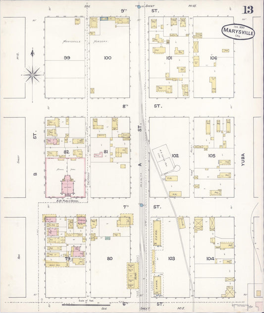 Sanborn Fire Insurance Map from Marysville, Yuba County, California (1890), Sheet #0013 - Historic Sanborn Fire Insurance Map Print, vintage old map wall art, antique decor, genealogy gift, California California map