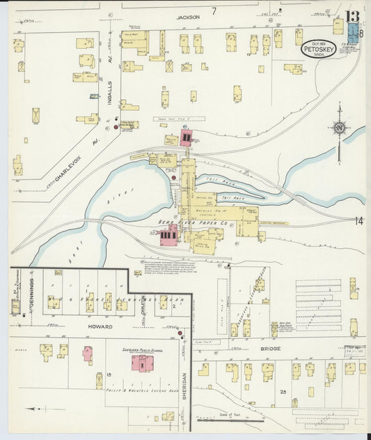 Sanborn Fire Insurance Map from Petoskey, Emmet County, Michigan (1913), Sheet #0013 - Historic Sanborn Fire Insurance Map Print, vintage old map wall art, antique decor, genealogy gift, Michigan Michigan map