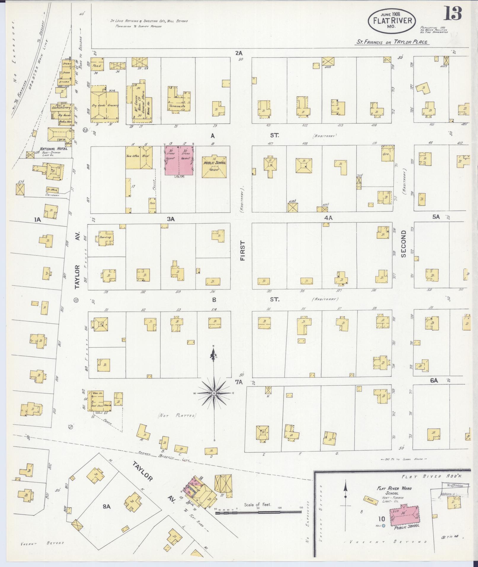 Sanborn Fire Insurance Map from Flat River, Saint Francois County, Missouri (1908), Sheet #0013 - Complete Map Set gallery image, historic Sanborn map, vintage wall art, Missouri Missouri