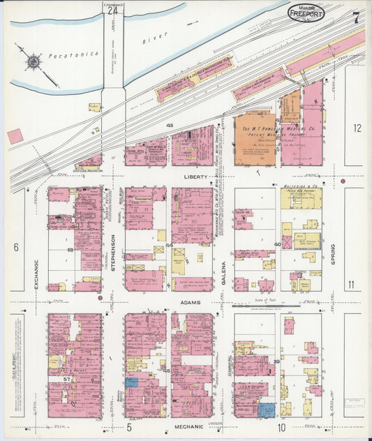 Sanborn Fire Insurance Map from Freeport, Stephenson County, Illinois (1918), Sheet #0007 - Historic Sanborn Fire Insurance Map Print, vintage old map wall art, antique decor, genealogy gift, Illinois Illinois map