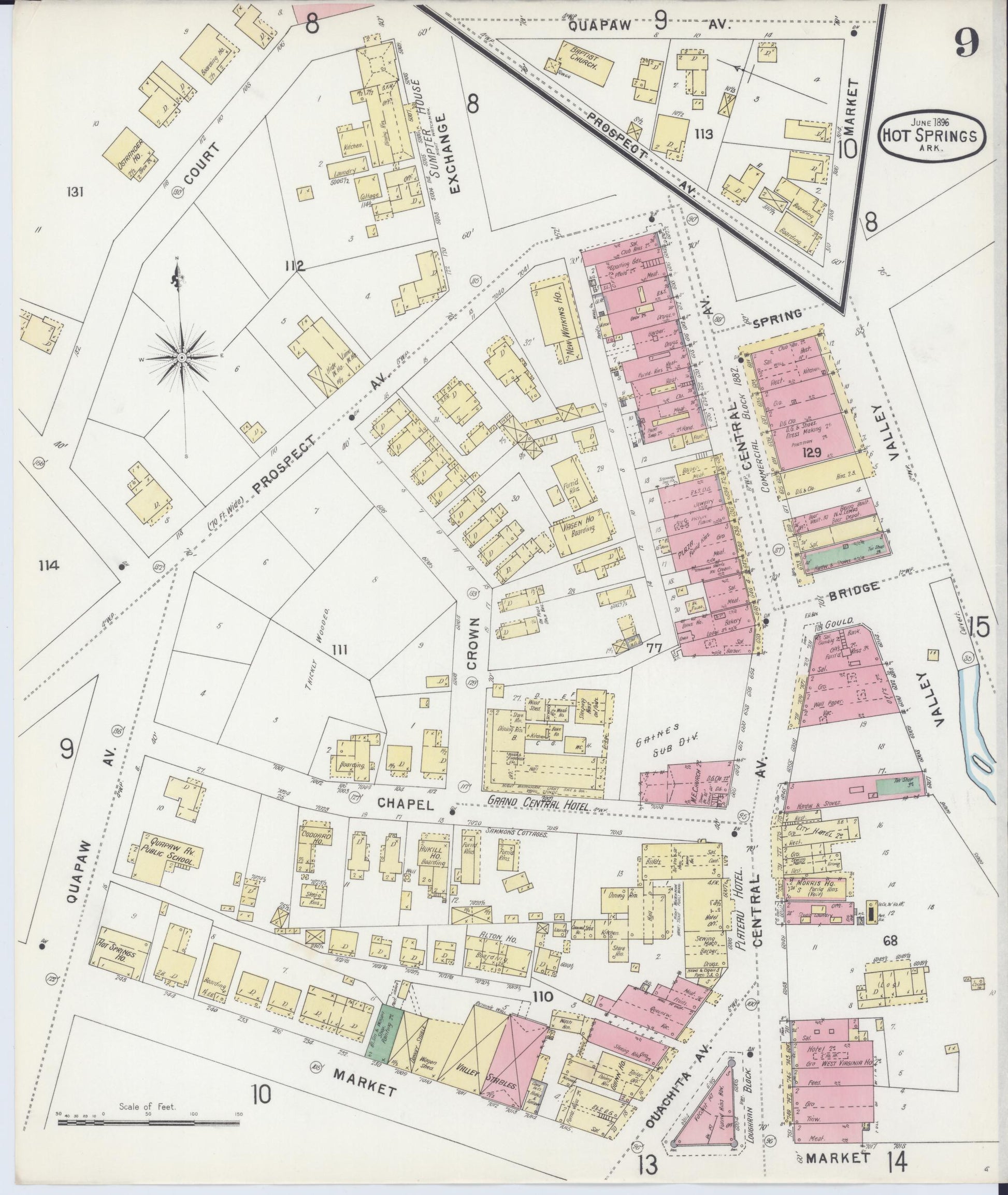Sanborn Fire Insurance Map from Hot Springs, Garland County, Arkansas (1896), Sheet #0009 - Complete Map Set gallery image, historic Sanborn map, vintage wall art, Arkansas Arkansas