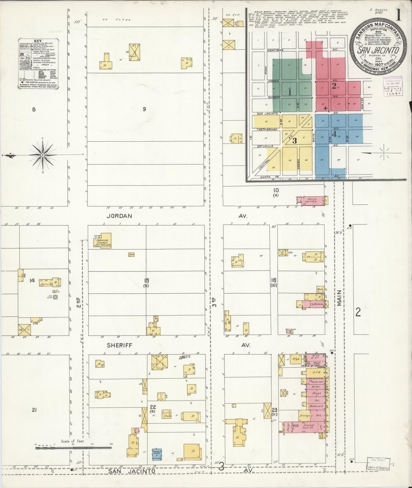 Sanborn Fire Insurance Map from San Jacinto, Riverside County, California (1907), Sheet #0001 - Complete Map Set gallery image, historic Sanborn map, vintage wall art, California California