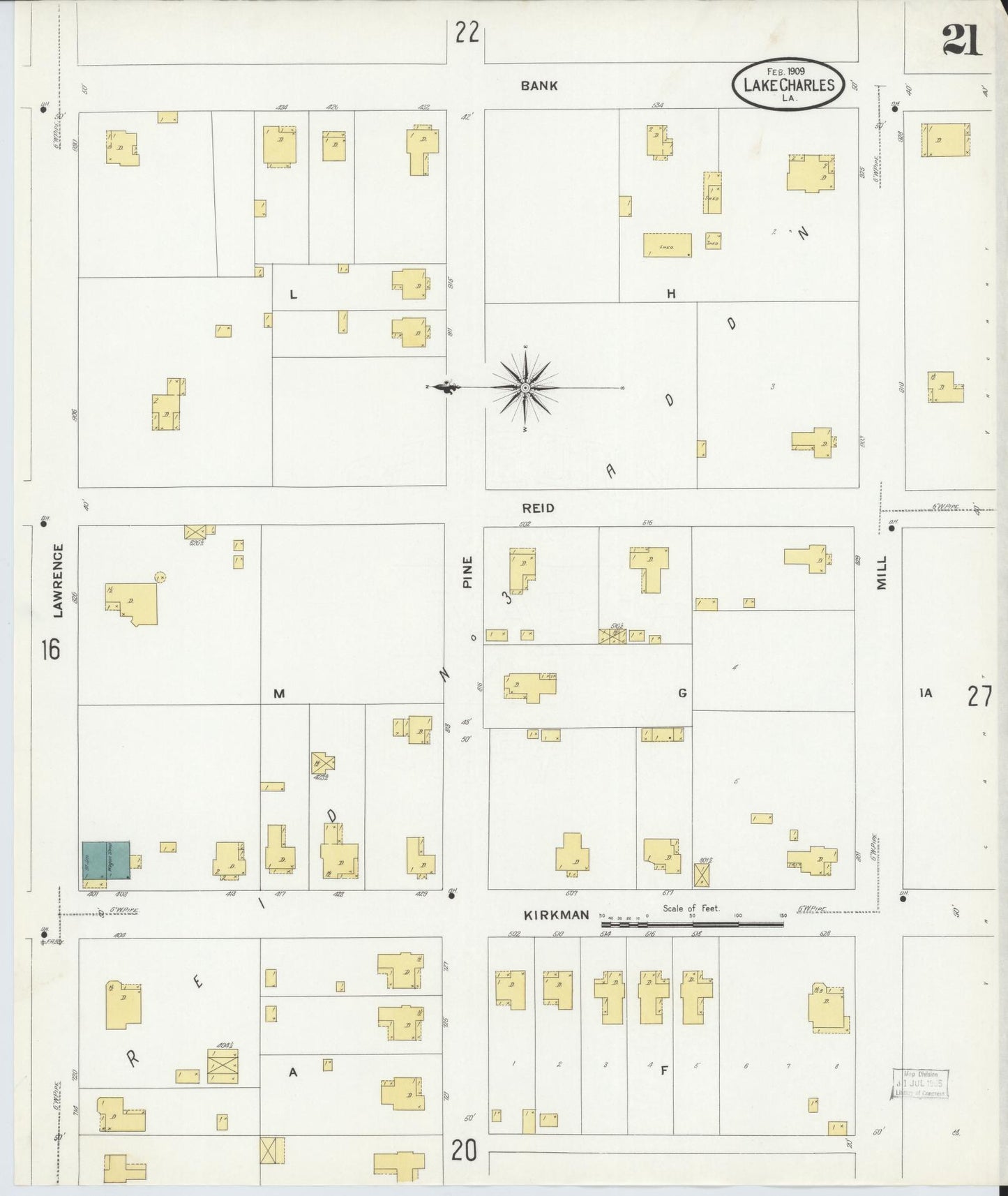 Sanborn Fire Insurance Map from Lake Charles, Calcasieu Parish, Louisiana (1909), Sheet #0021 - Complete Map Set gallery image, historic Sanborn map, vintage wall art, Louisiana Louisiana