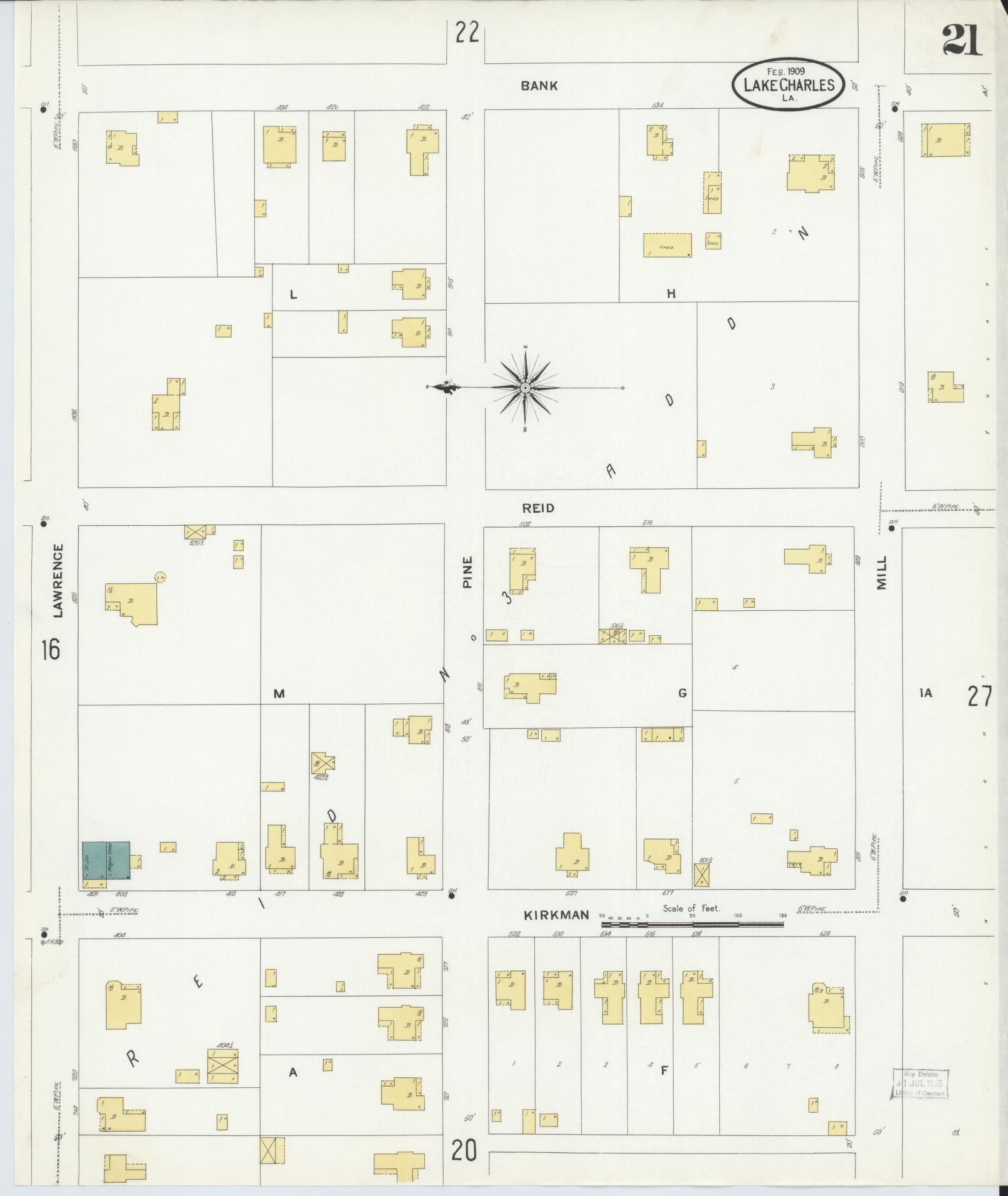 Sanborn Fire Insurance Map from Lake Charles, Calcasieu Parish, Louisiana (1909), Sheet #0021 - Complete Map Set gallery image, historic Sanborn map, vintage wall art, Louisiana Louisiana