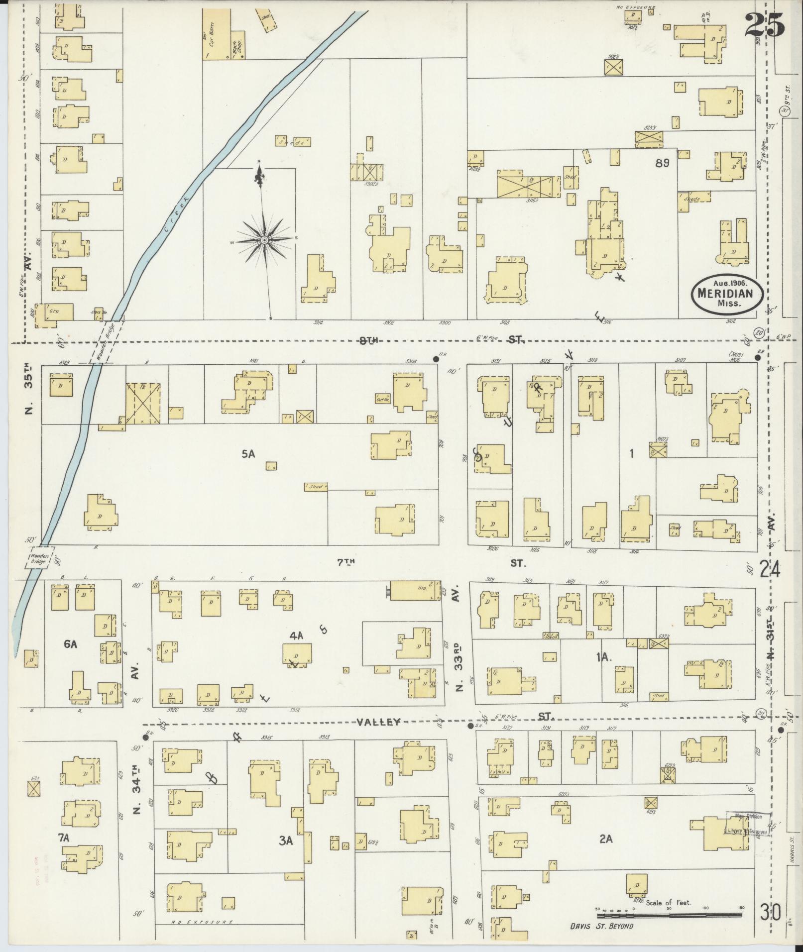 Sanborn Fire Insurance Map from Meridian, Lauderdale County, Mississippi (1906), Sheet #0025 - Complete Map Set gallery image, historic Sanborn map, vintage wall art, Mississippi Mississippi