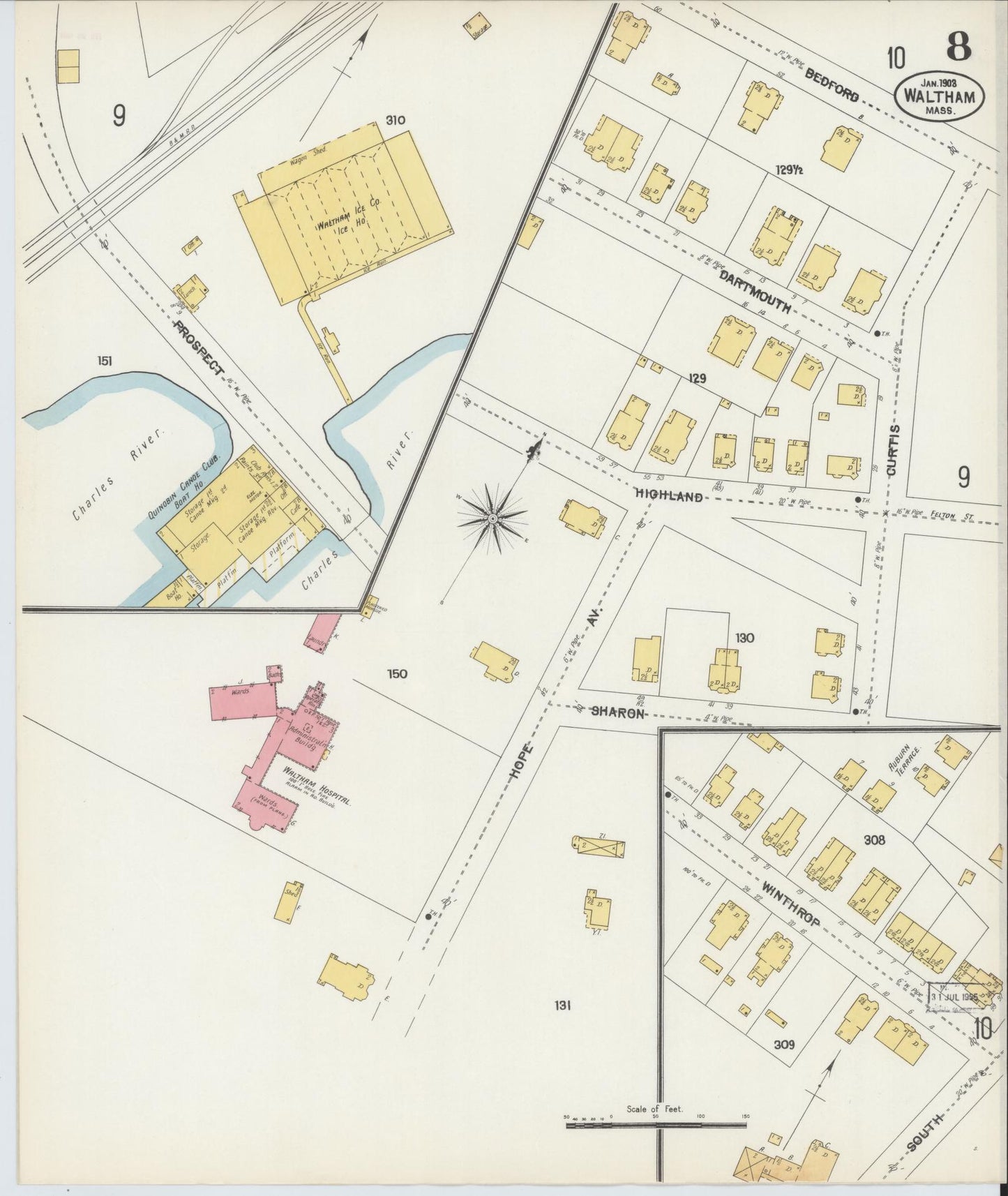 Sanborn Fire Insurance Map from Waltham, Middlesex County, Massachusetts (1903), Sheet #0008 - Complete Map Set gallery image, historic Sanborn map, vintage wall art, Massachusetts Massachusetts