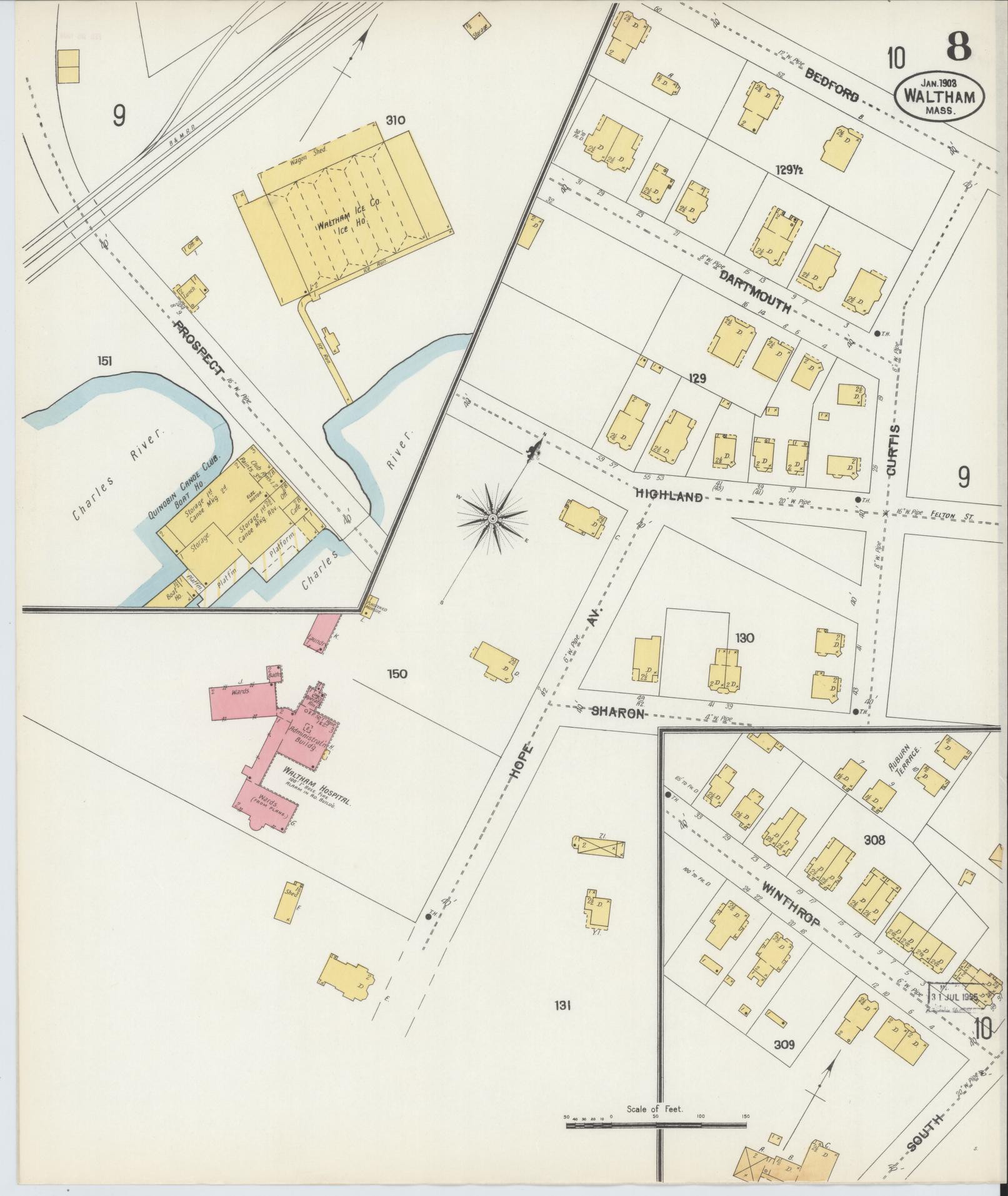 Sanborn Fire Insurance Map from Waltham, Middlesex County, Massachusetts (1903), Sheet #0008 - Complete Map Set gallery image, historic Sanborn map, vintage wall art, Massachusetts Massachusetts