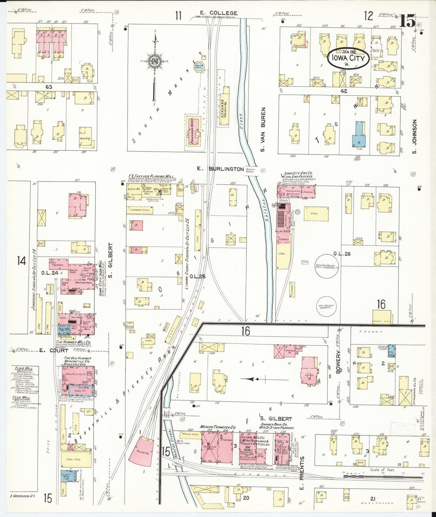 Sanborn Fire Insurance Map from Iowa City, Johnson County, Iowa (1912), Sheet #0015 - Historic Sanborn Fire Insurance Map Print, vintage old map wall art