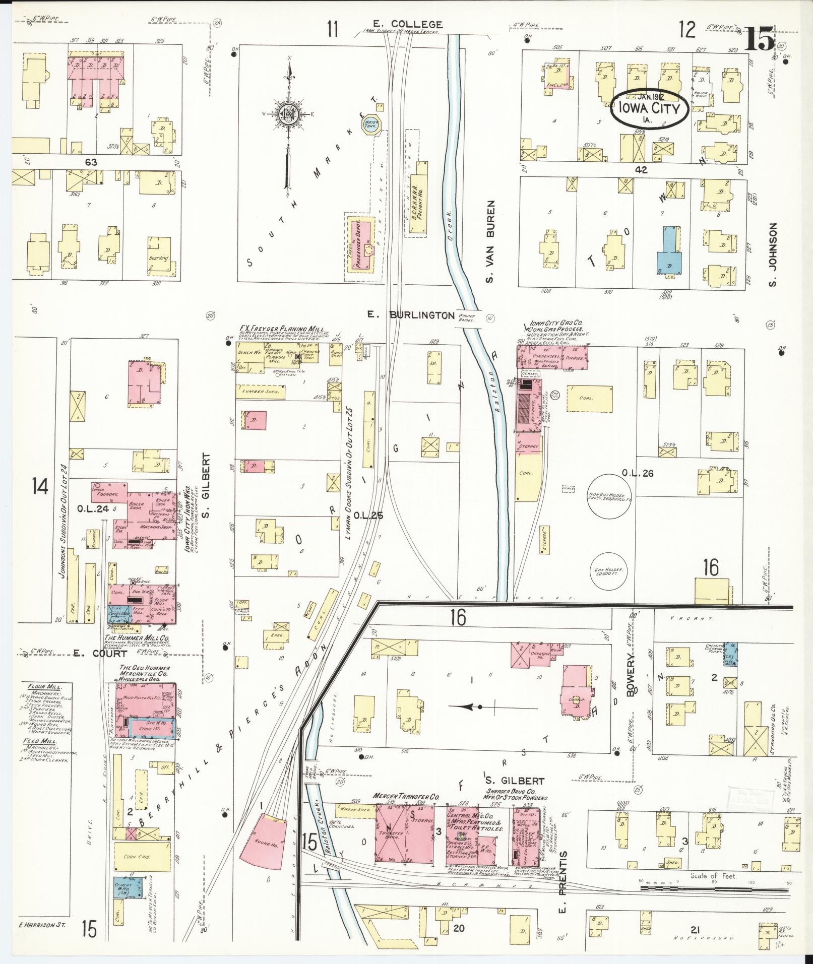Sanborn Fire Insurance Map from Iowa City, Johnson County, Iowa (1912), Sheet #0015 - Historic Sanborn Fire Insurance Map Print, vintage old map wall art