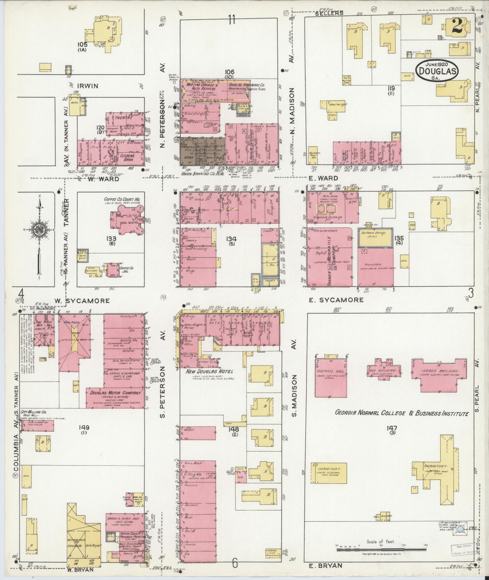 Sanborn Fire Insurance Map from Douglas, Coffee County, Georgia (1920), Sheet #0002 - Complete Map Set gallery image, historic Sanborn map, vintage wall art, Georgia Georgia