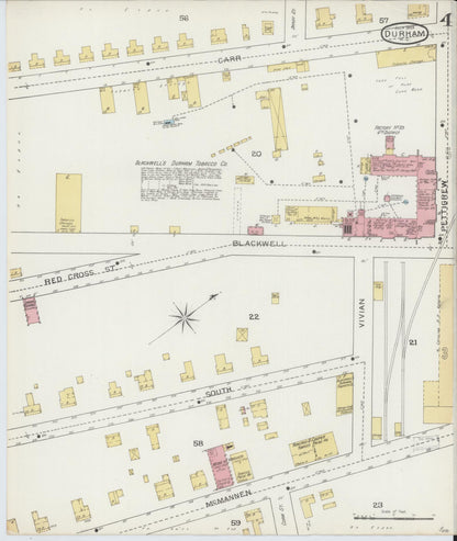 Sanborn Fire Insurance Map from Durham, Durham County, North Carolina (1893), Sheet #0004 - Historic Sanborn Fire Insurance Map Print, vintage old map wall art, antique decor, genealogy gift, North Carolina North Carolina map