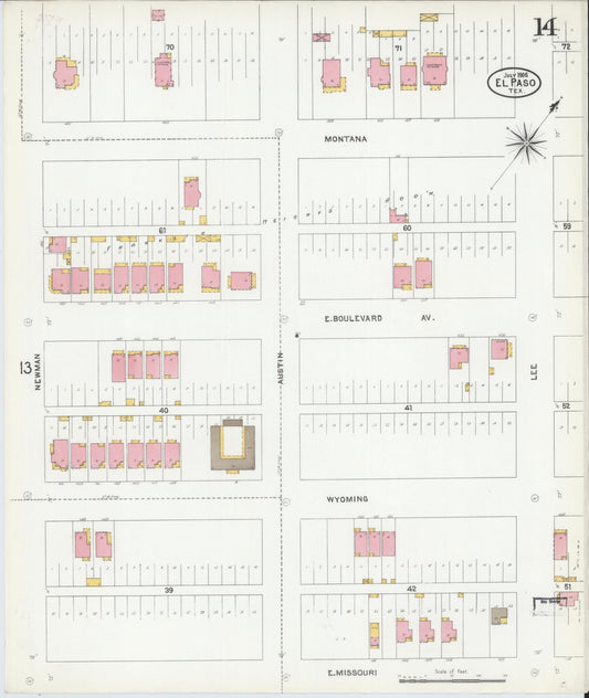 Sanborn Fire Insurance Map from El Paso, El Paso County, Texas (1905), Sheet #0014 - Historic Sanborn Fire Insurance Map Print, vintage old map wall art, antique decor, genealogy gift, Texas Texas map