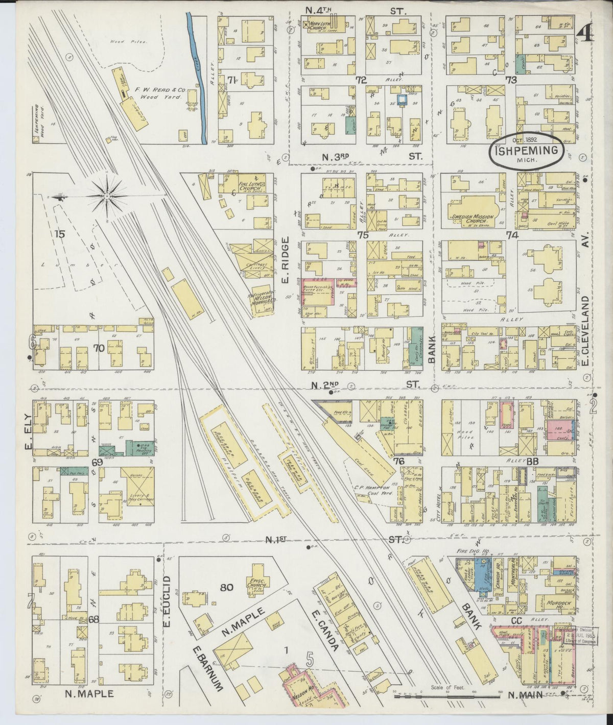 Sanborn Fire Insurance Map from Ishpeming, Marquette County, Michigan (1892), Sheet #0004 - Historic Sanborn Fire Insurance Map Print, vintage old map wall art, antique decor, genealogy gift, Michigan Michigan map